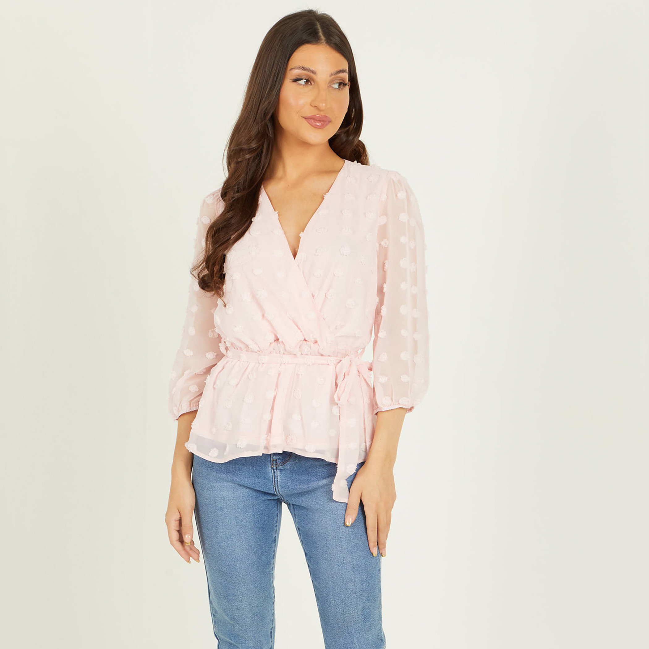 كويز - بلوزة لف بياقة V وحزام للربط ومزينة للنساء - زهري-women-clothing-shirtsandblouses-blouses-image-1