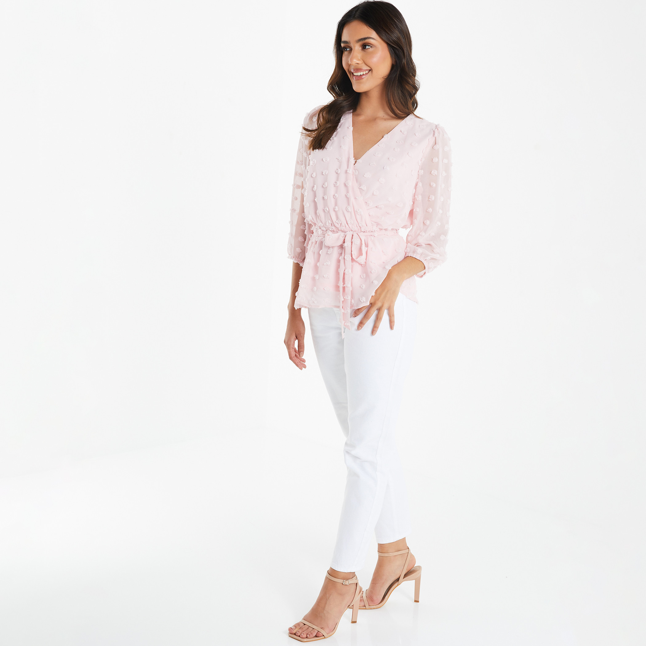 كويز - بلوزة لف بياقة V وحزام للربط ومزينة للنساء - زهري-women-clothing-shirtsandblouses-blouses-image-2
