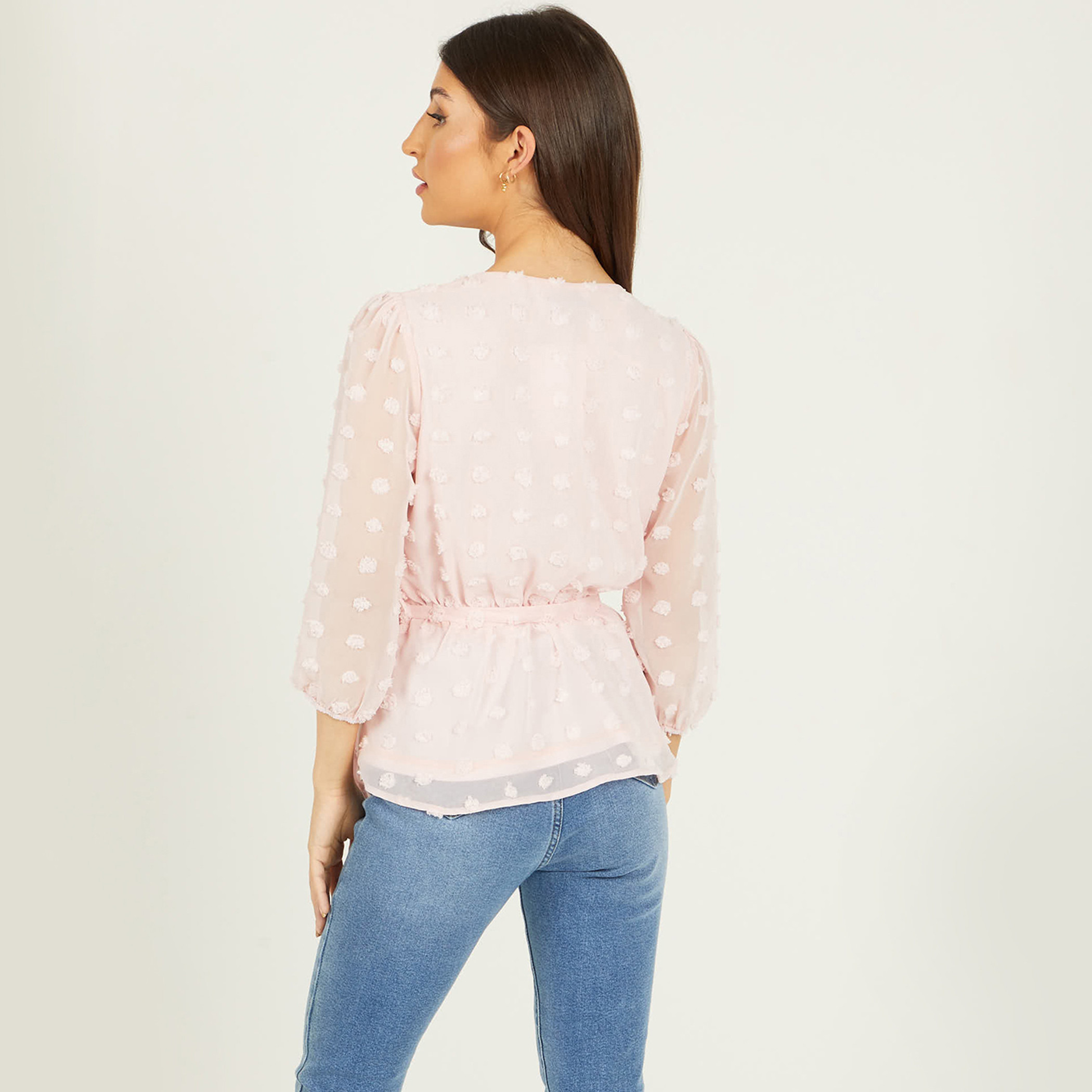 كويز - بلوزة لف بياقة V وحزام للربط ومزينة للنساء - زهري-women-clothing-shirtsandblouses-blouses-image-3