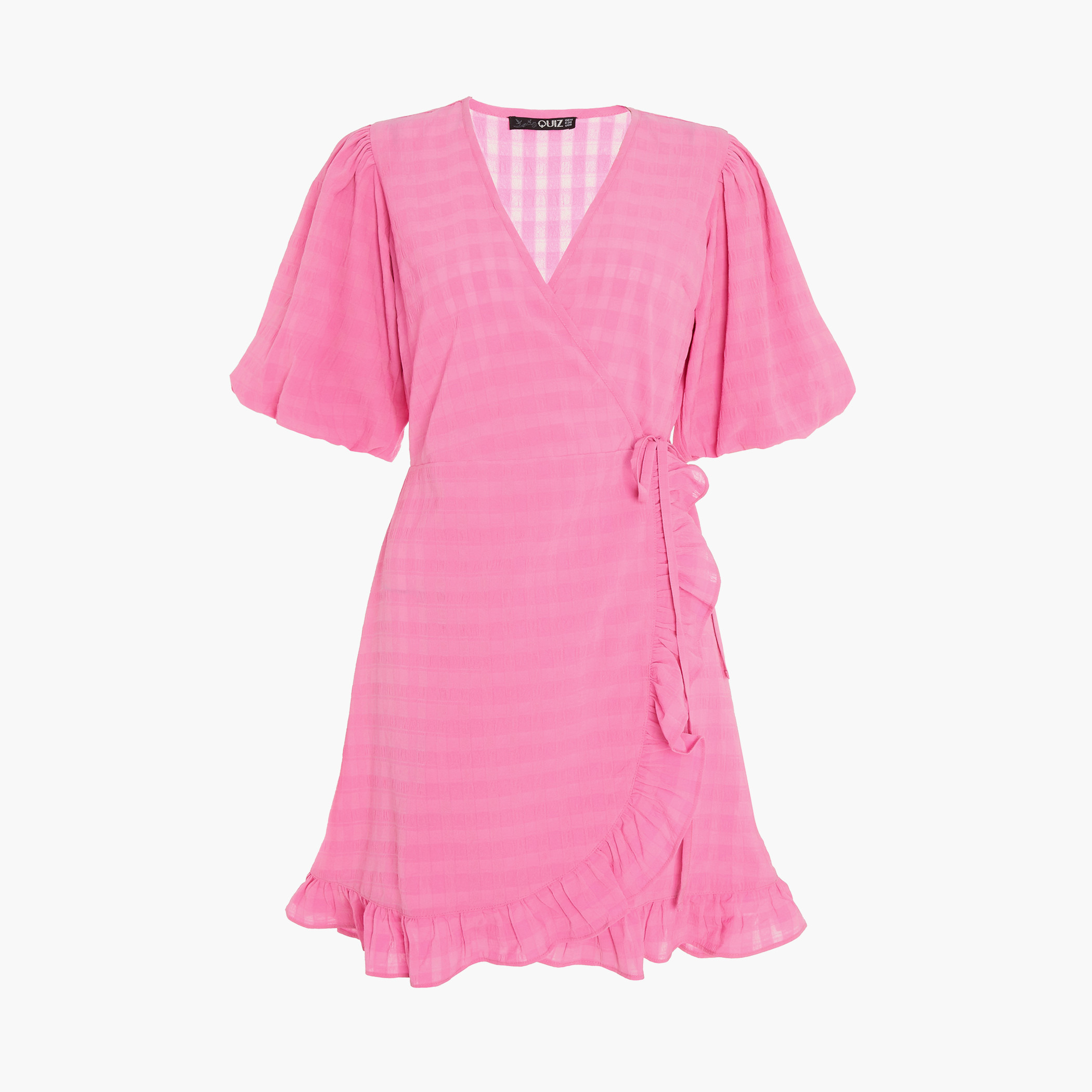 كويز - فستان لف قصير بأطراف كشكش للنساء - مربعات - زهري-women-clothing-dresses-image-4