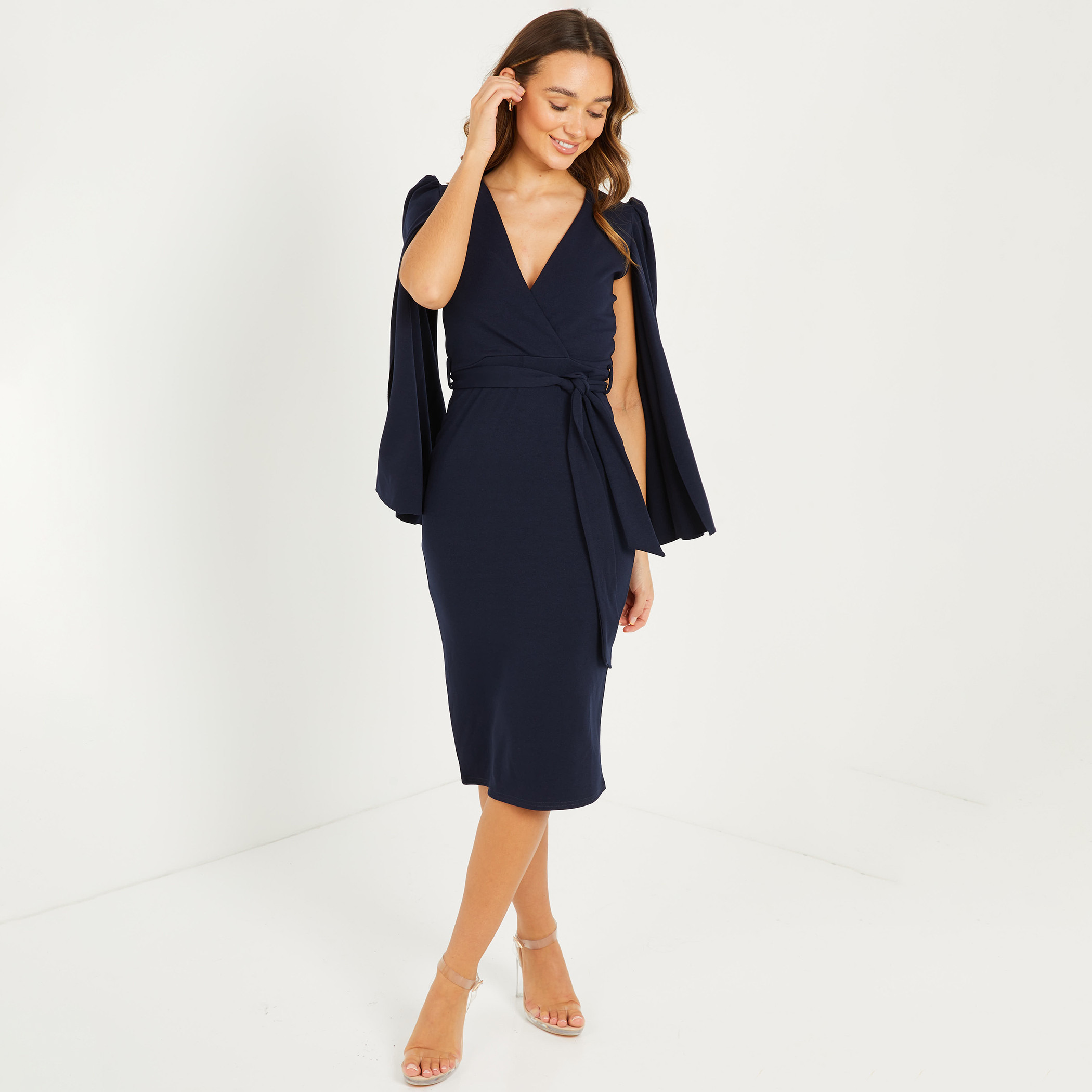 Quiz Women Blue Solid Slit Sleeves Midi Wrap Dress-women-clothing-dresses-image-1