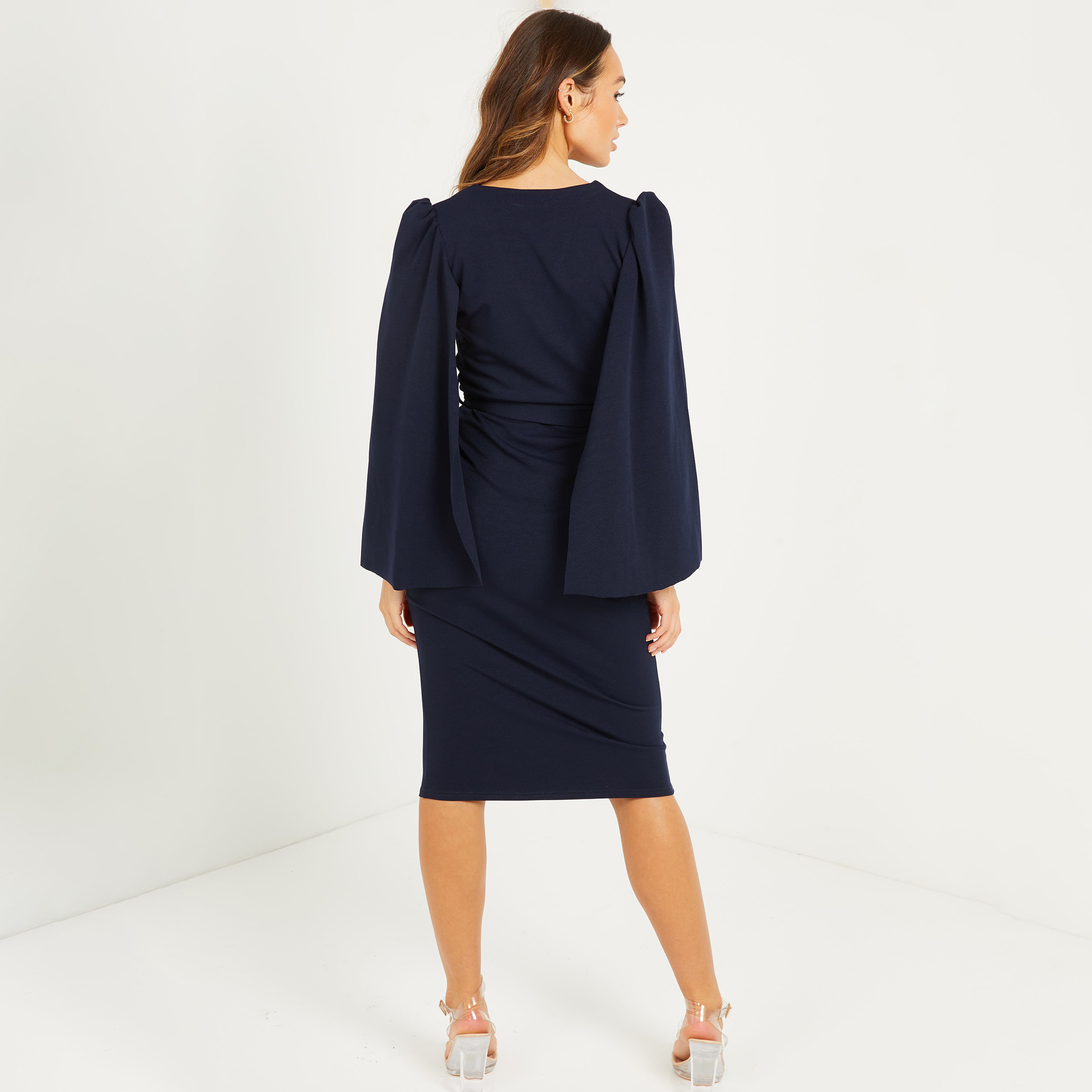 Quiz Women Blue Solid Slit Sleeves Midi Wrap Dress-women-clothing-dresses-image-2
