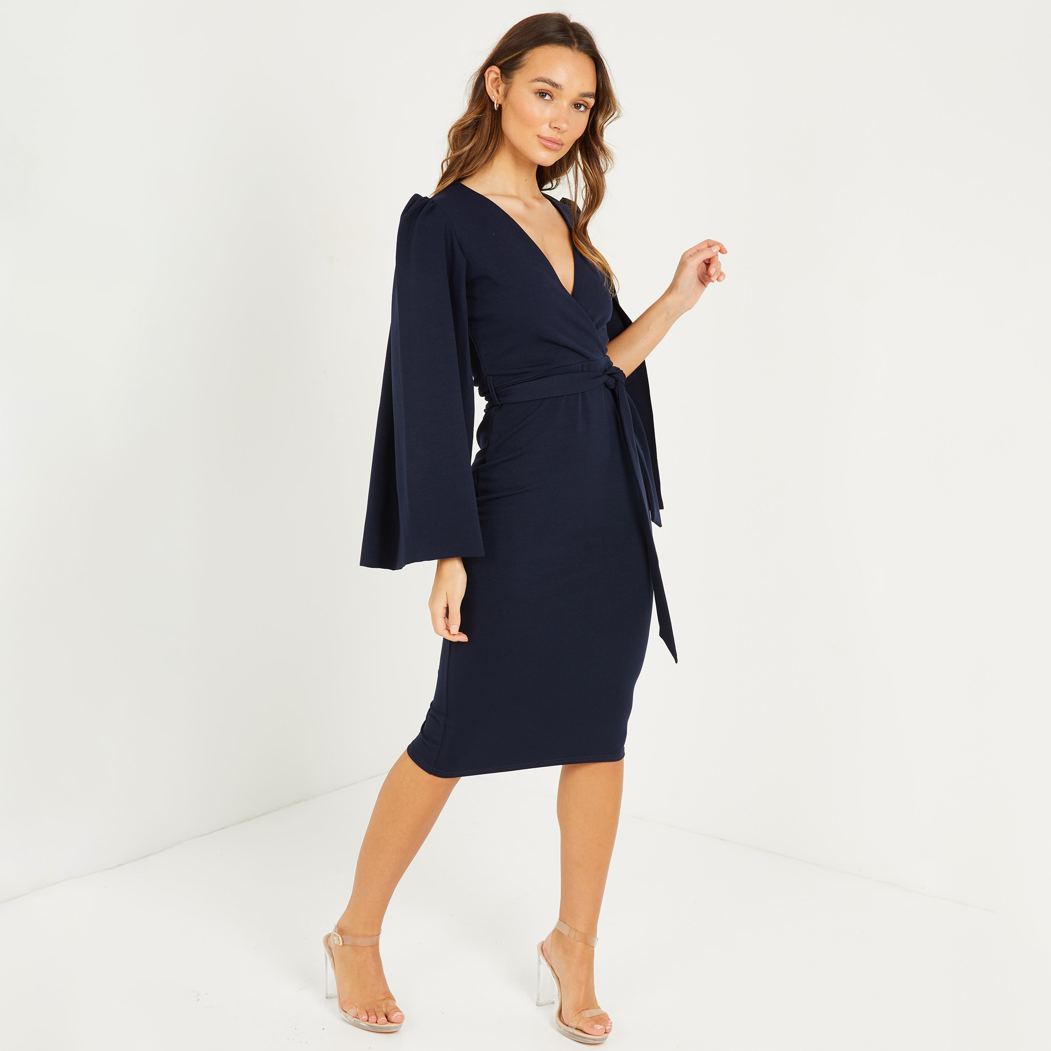 Quiz Women Blue Solid Slit Sleeves Midi Wrap Dress-women-clothing-dresses-image-3