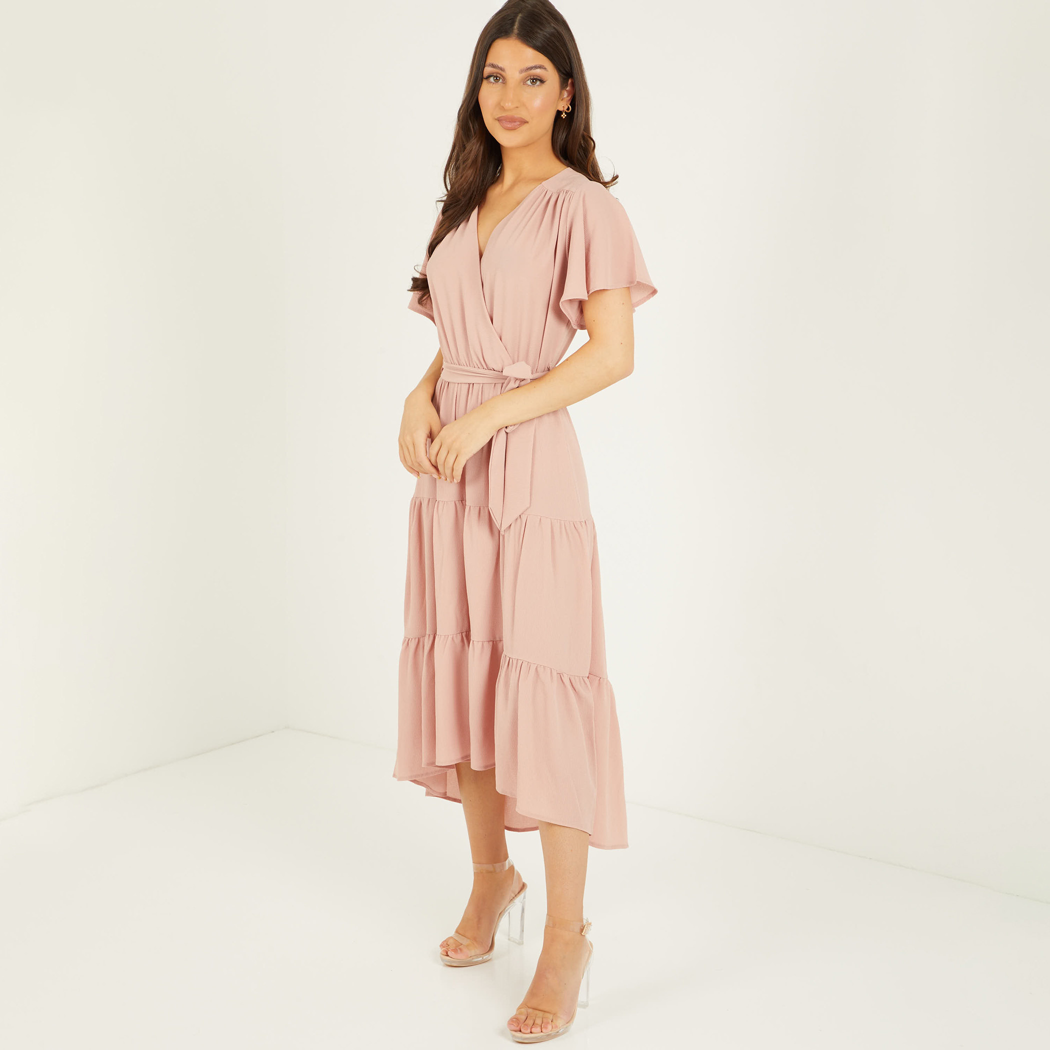 Quiz Women Pink Solid V-Neck Midi Wrap Dress-women-clothing-dresses-image-1