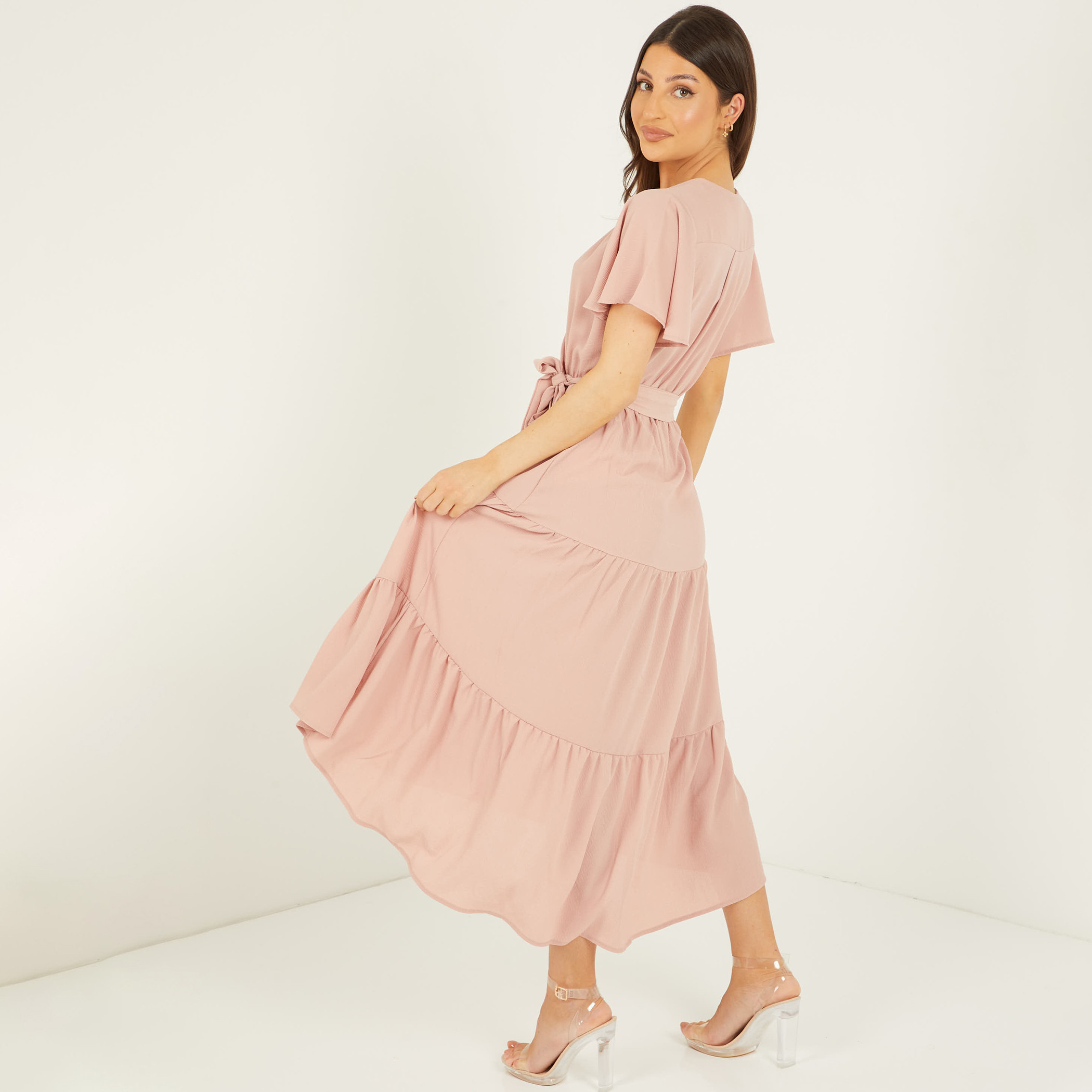 Quiz Women Pink Solid V-Neck Midi Wrap Dress-women-clothing-dresses-image-2
