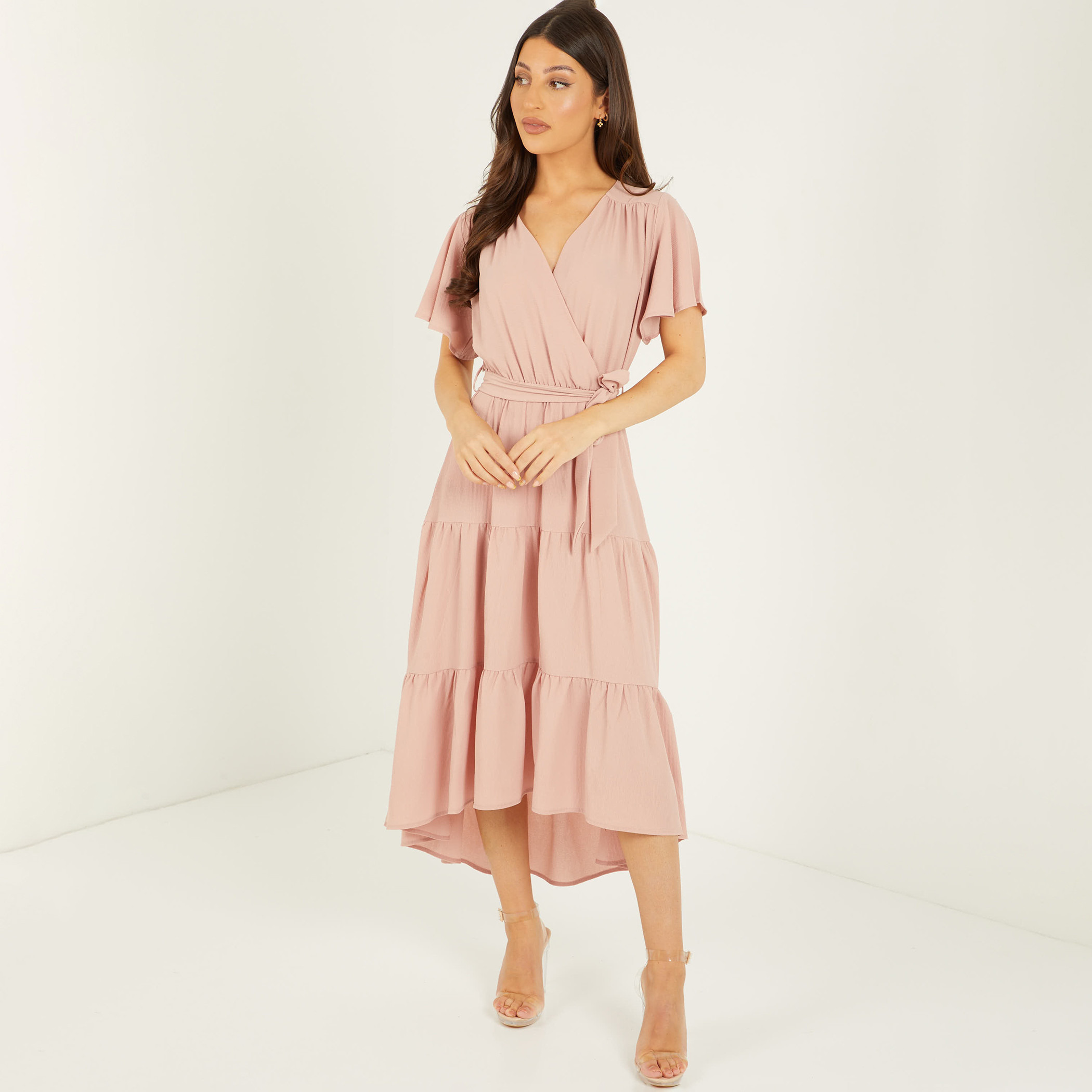 Quiz Women Pink Solid V-Neck Midi Wrap Dress-women-clothing-dresses-image-3