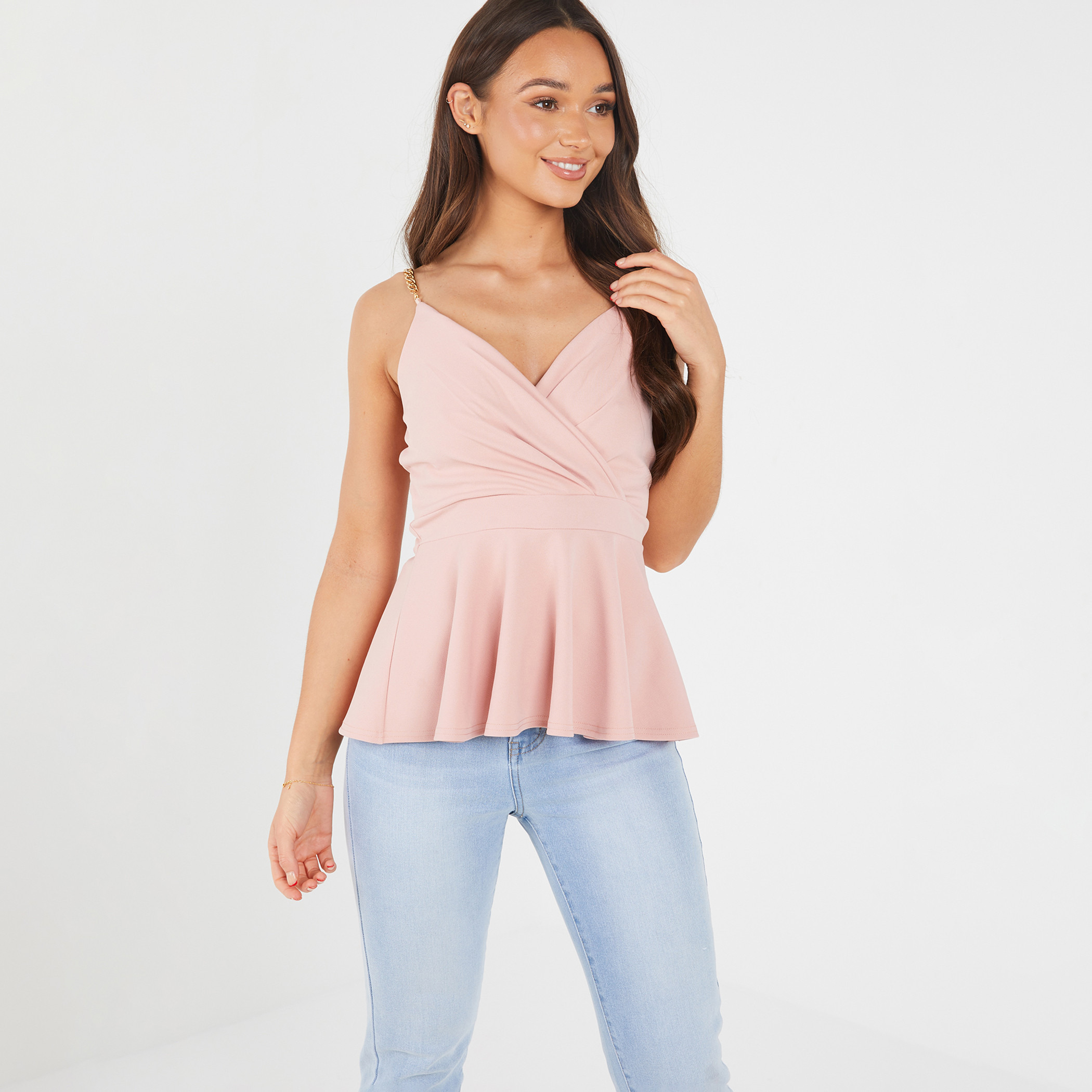 Quiz Women Pink Solid Shoulder Gold Chain Wrap Peplum Top-women-clothing-shirtsandblouses-blouses-image-1