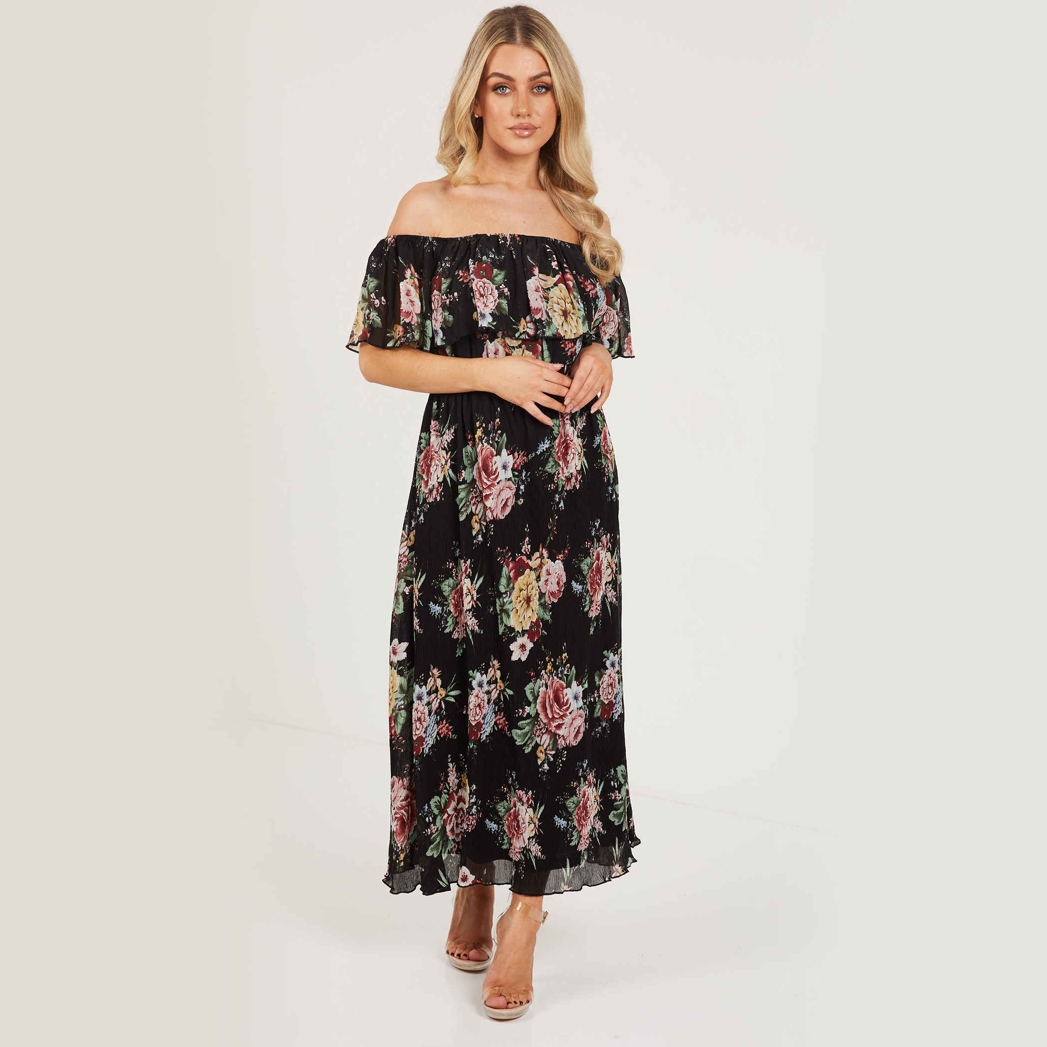 Quiz Women Black Floral Off Shoulder Maxi Dress-women-clothing-dresses-image-1