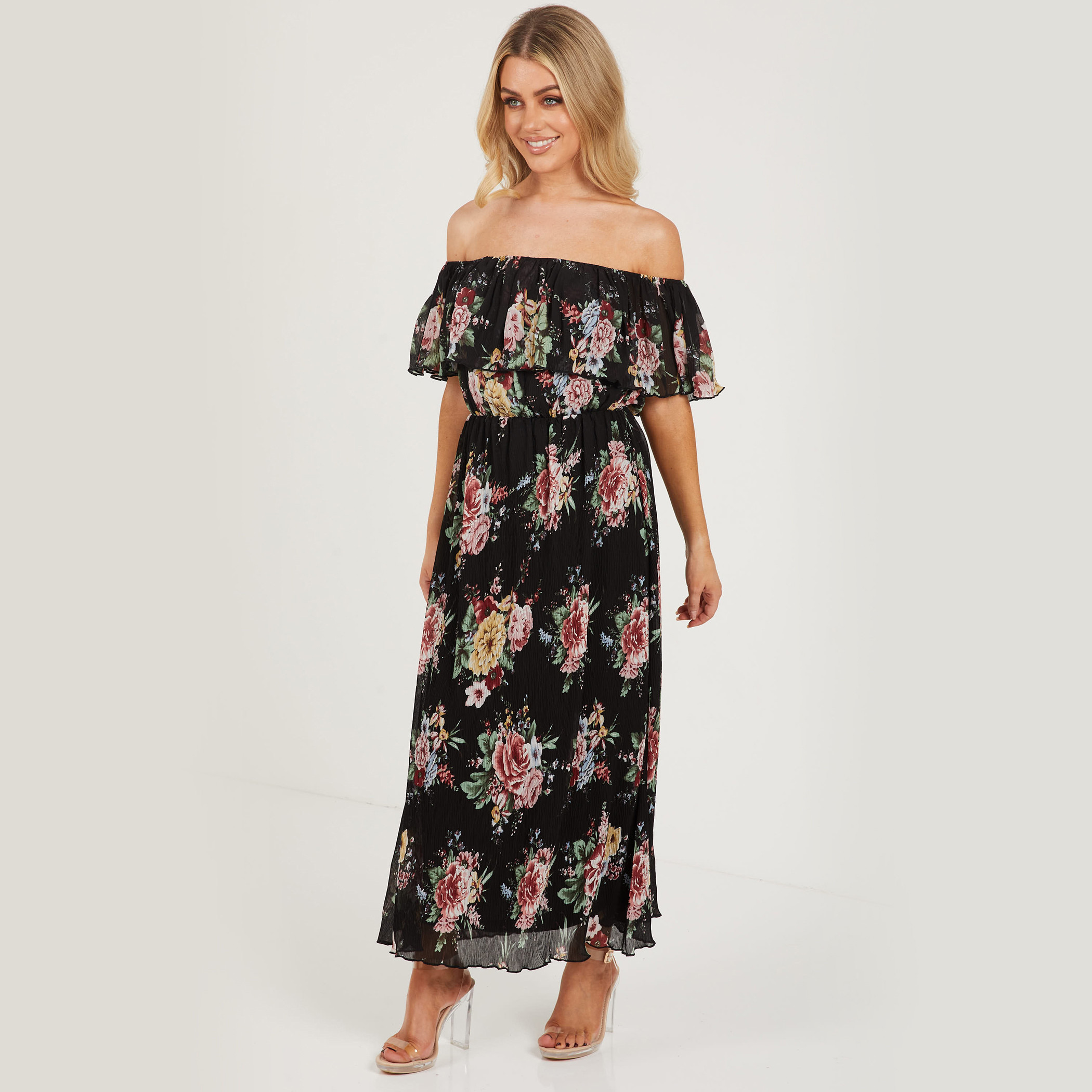 Quiz Women Black Floral Off Shoulder Maxi Dress-women-clothing-dresses-image-2