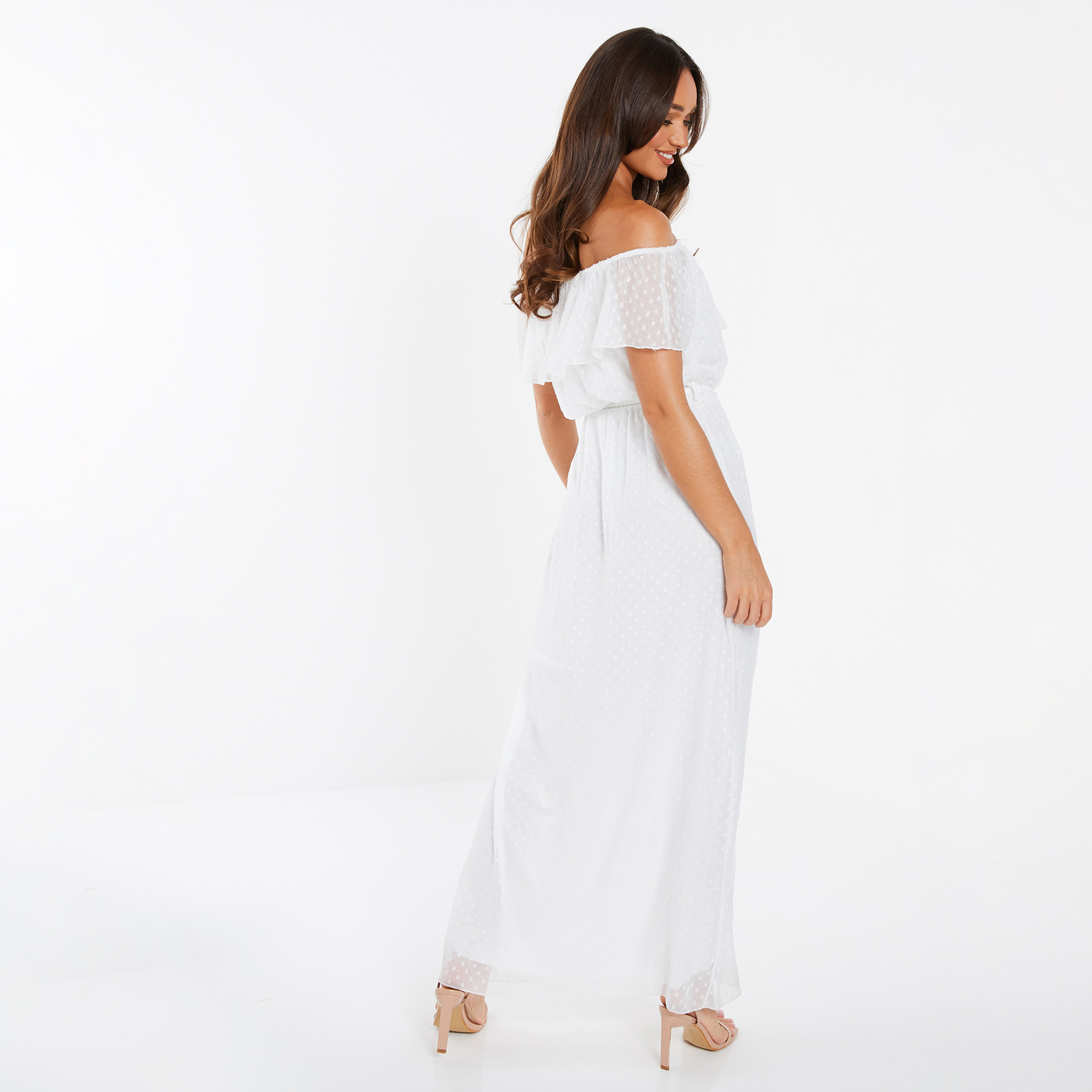 Quiz Women Off White Polka Dot Off Shoulder Tie Belt Maxi Dress-women-clothing-dresses-image-2