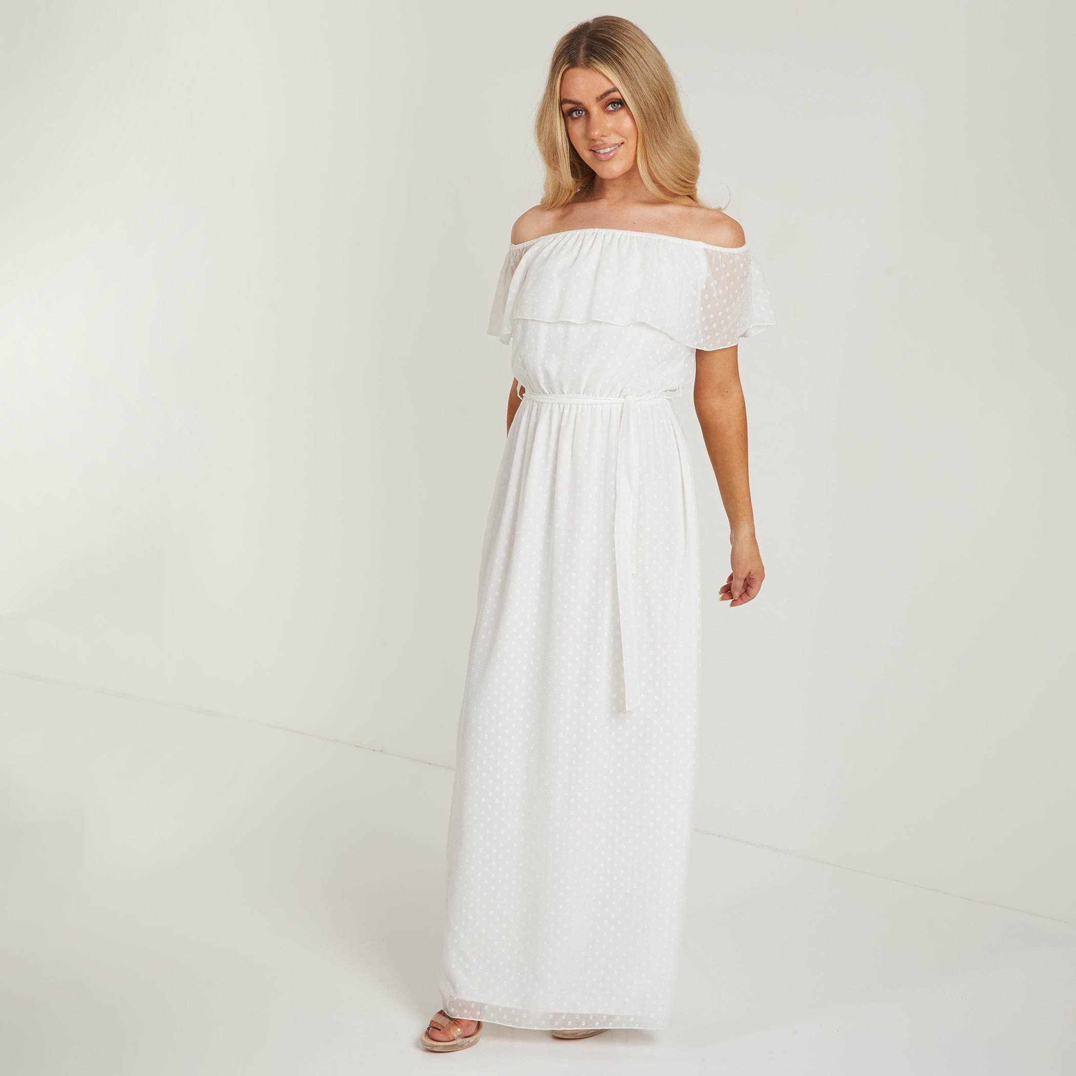 Quiz Women Off White Polka Dot Off Shoulder Tie Belt Maxi Dress-women-clothing-dresses-image-7