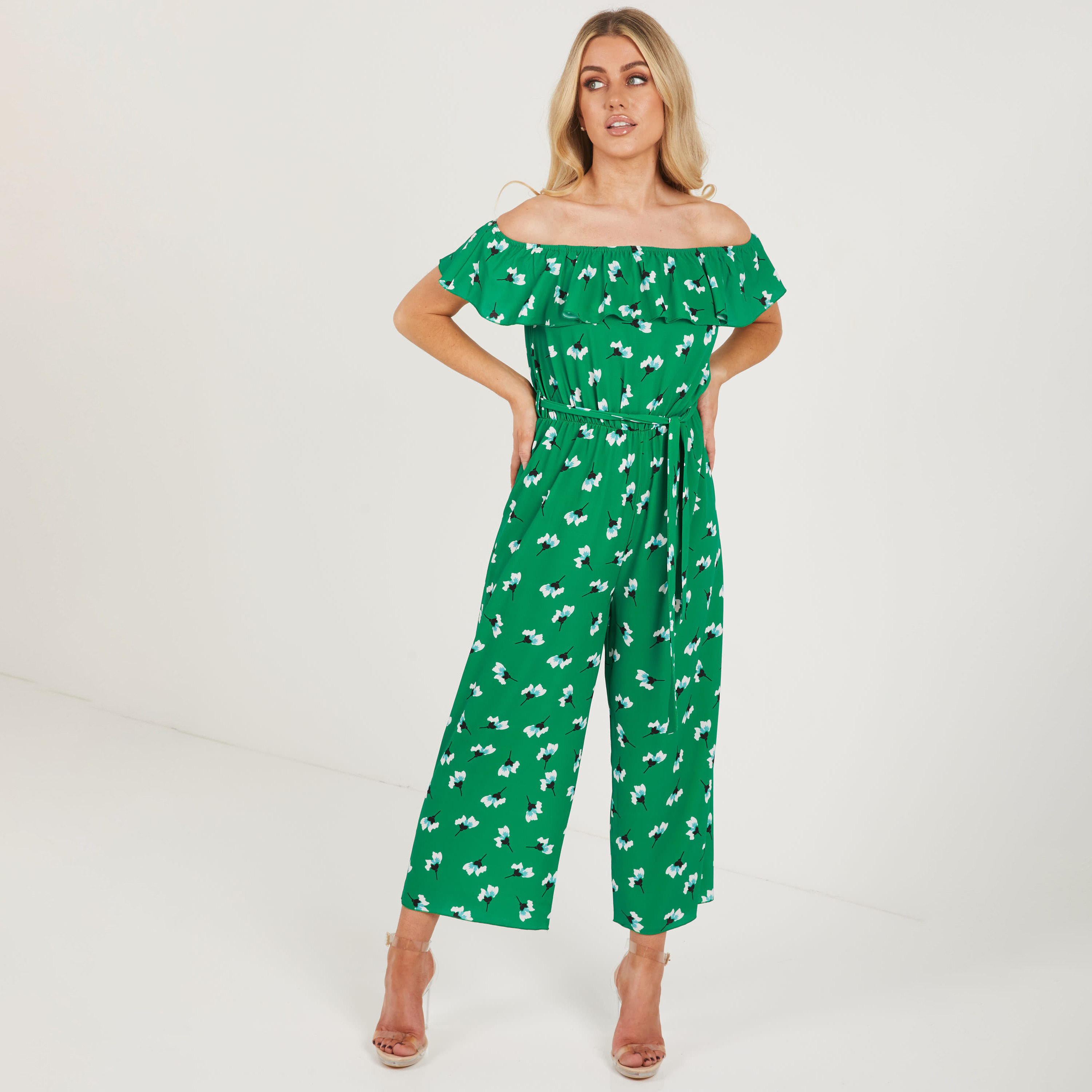 Buy Women s QUIZ Women Green Floral Tie Belt Off Shoulder Jumpsuit Online Centrepoint Qatar