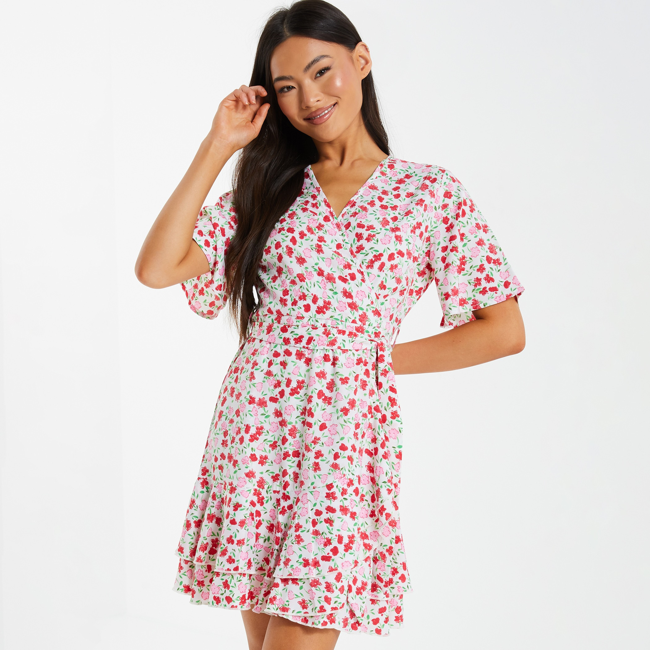 كويز - فستان لف قصير وياقة V للنساء - زهري-women-clothing-dresses-image-1