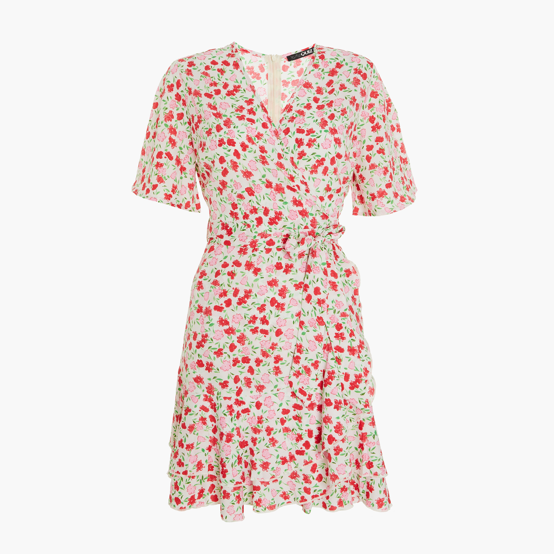 كويز - فستان لف قصير وياقة V للنساء - زهري-women-clothing-dresses-image-4
