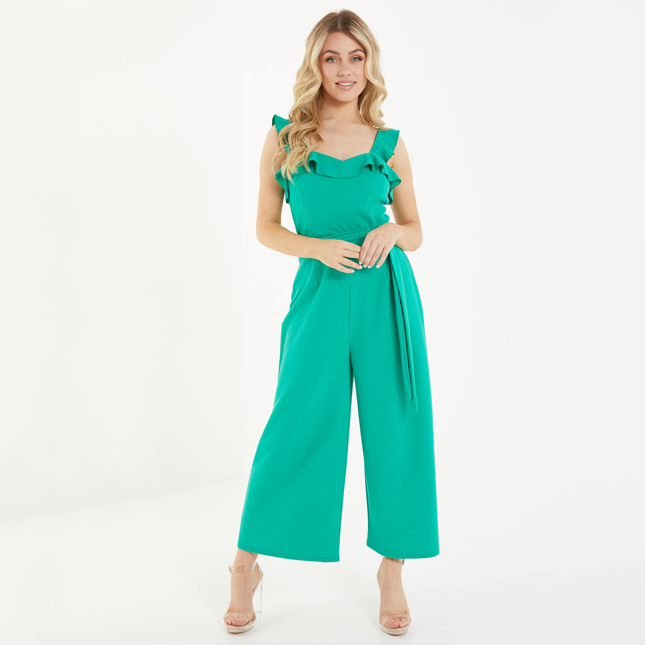 كويز - جمبسوت سادة بشيالات وحزام للربط للنساء - أخضر-women-clothing-jumpsuits-image-1