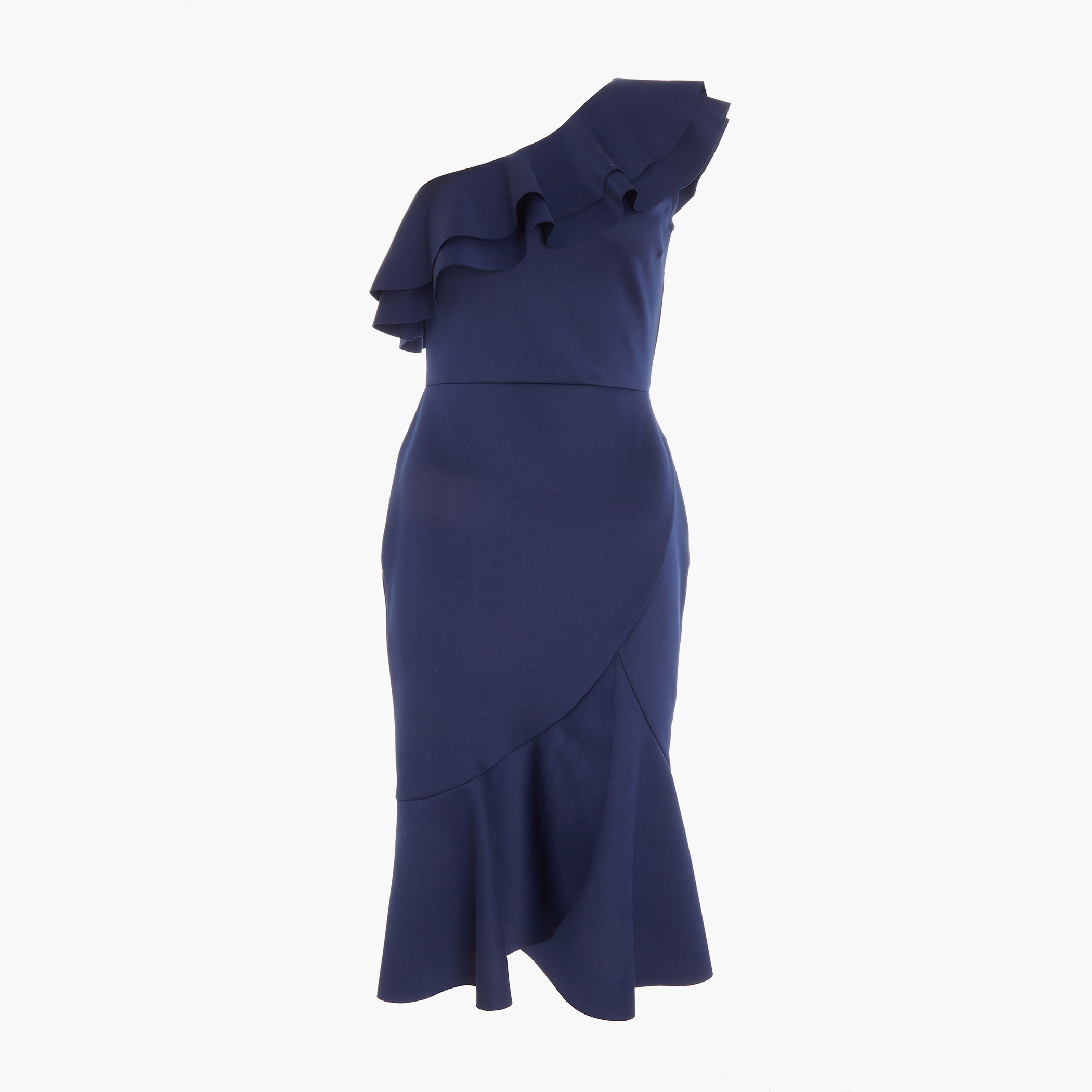 فستان نسائي بدون كتف وحافة مكشكشة بلون أزرق كحلي سادة من كويز-women-clothing-dresses-image-4