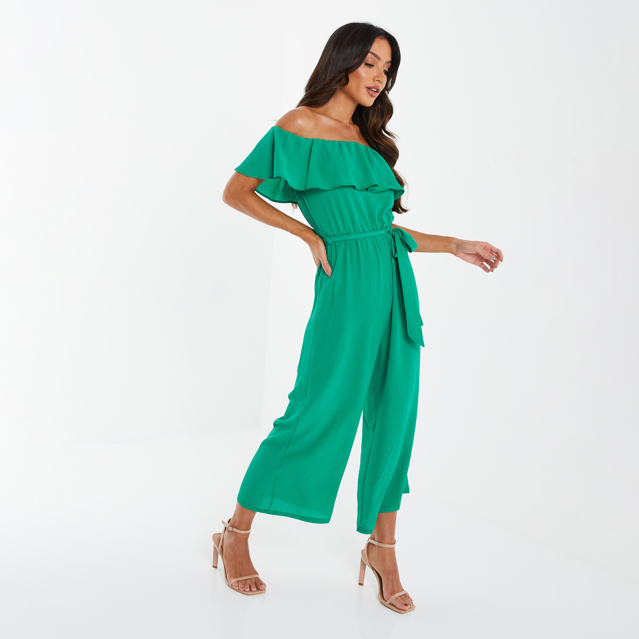 Quiz Women Green Solid Off Shoulder Tie Belt Jumpsuit-women-clothing-jumpsuits-image-3