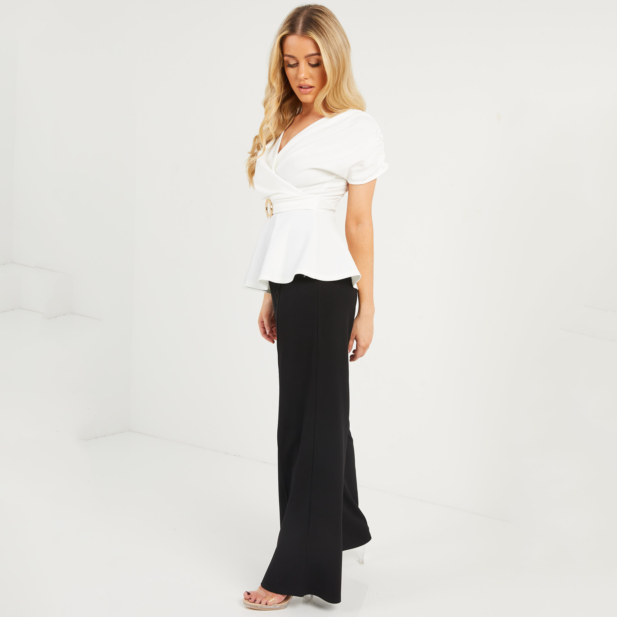 Quiz Women Cream Solid V-Neck Buckle Detail Peplum Top-women-clothing-shirtsandblouses-blouses-image-2
