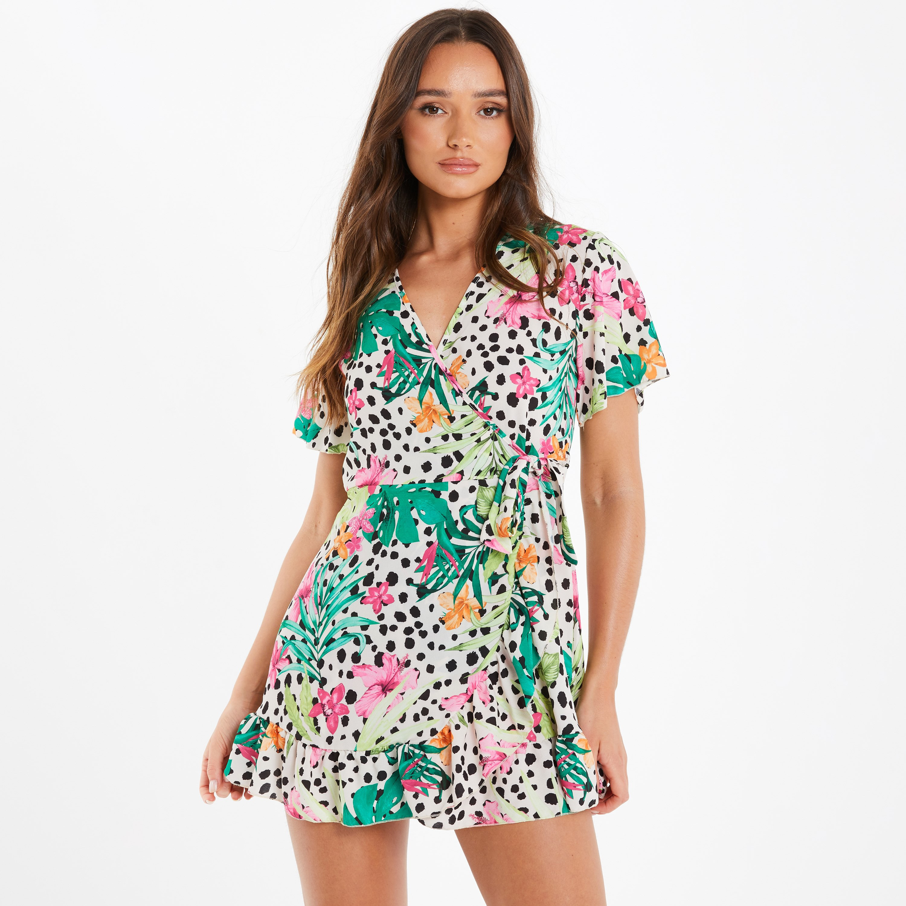 فستان ميني سكيتر للسيدات مطبوع متعدد الألوان برقبة على شكل وي من كويز-women-clothing-dresses-image-1