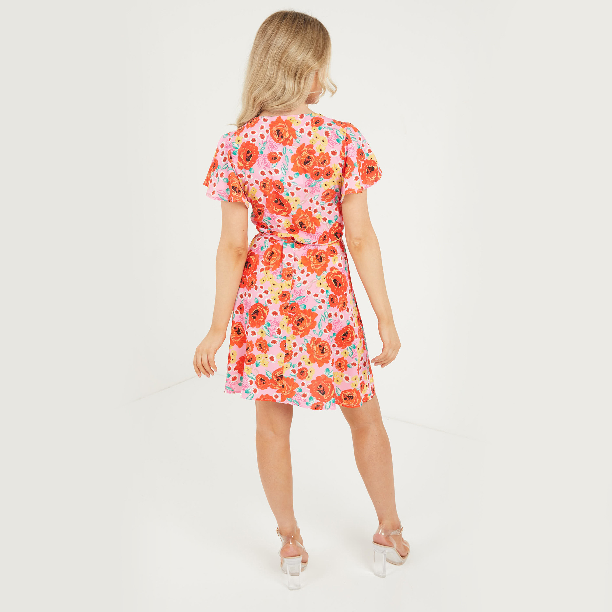 فستان ملفوف من كويز نسائي بلون وردي زهري برقبة على شكل وى-women-clothing-dresses-image-3