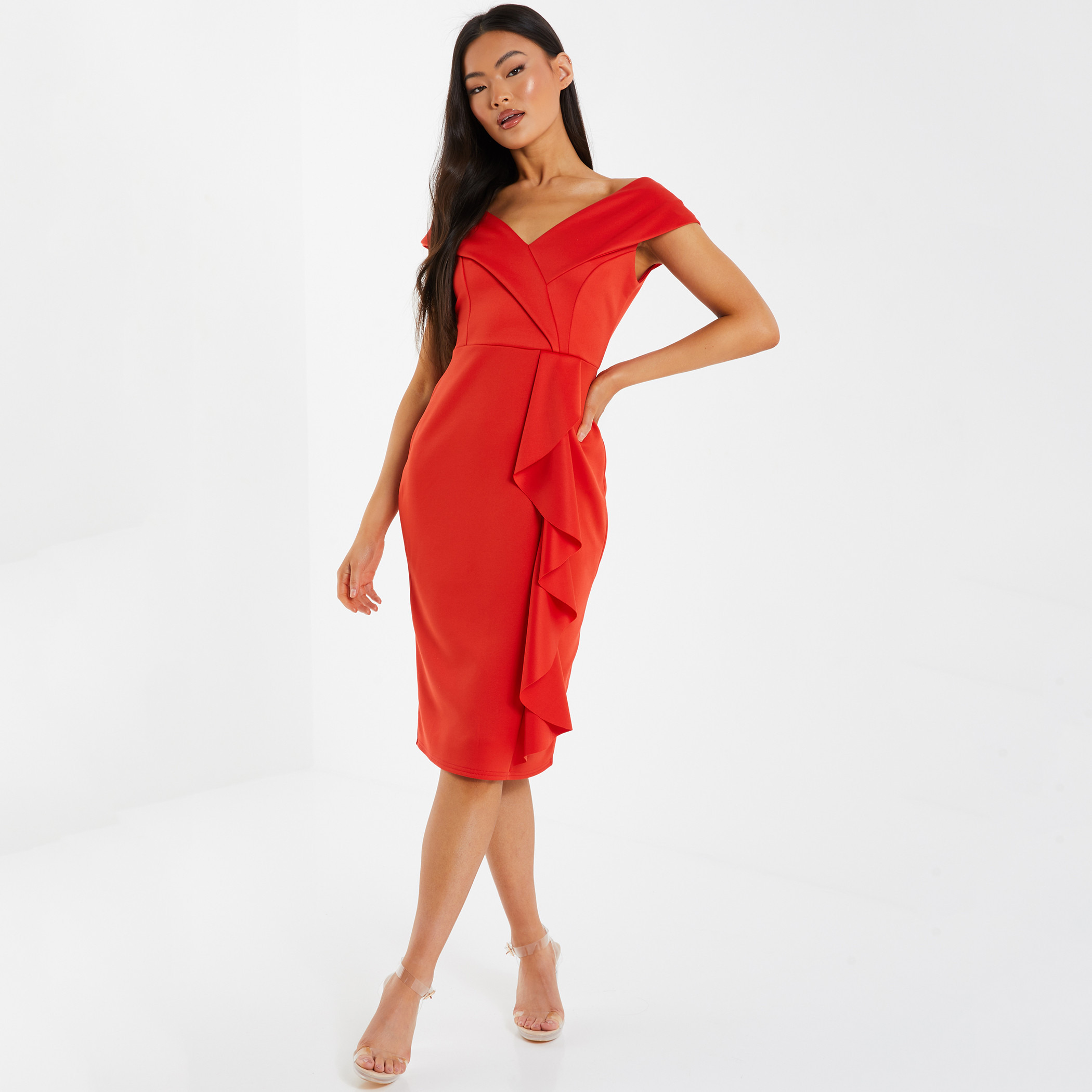 كويز - فستان كشكش بطول متوسط وياقة باردو بأكتاف مكشوفة للنساء - برتقالي-women-clothing-dresses-image-1