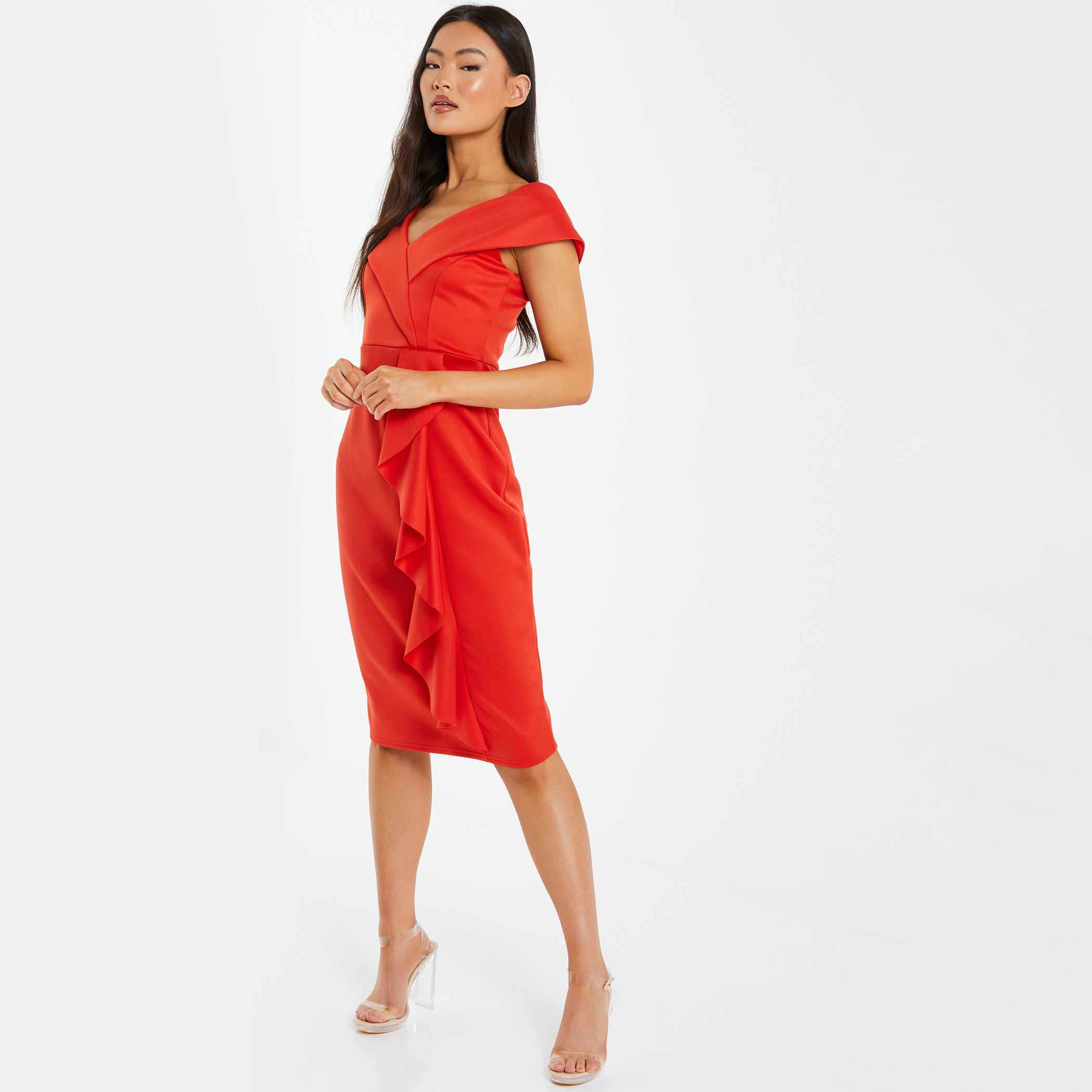 كويز - فستان كشكش بطول متوسط وياقة باردو بأكتاف مكشوفة للنساء - برتقالي-women-clothing-dresses-image-2