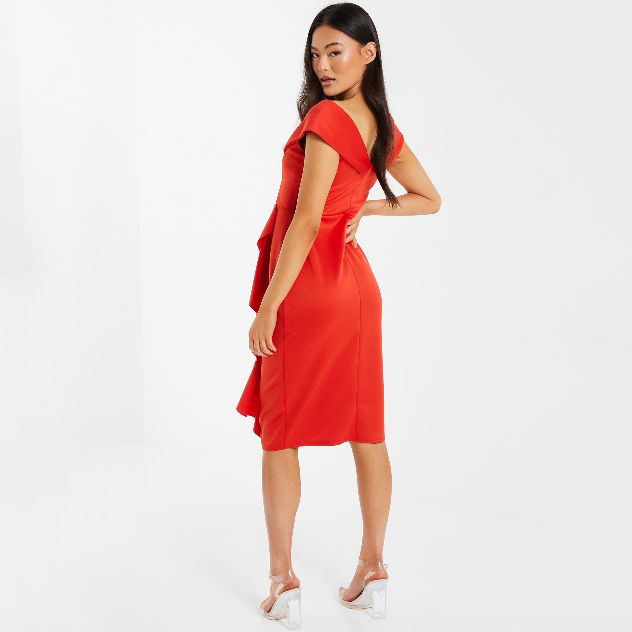 كويز - فستان كشكش بطول متوسط وياقة باردو بأكتاف مكشوفة للنساء - برتقالي-women-clothing-dresses-image-3