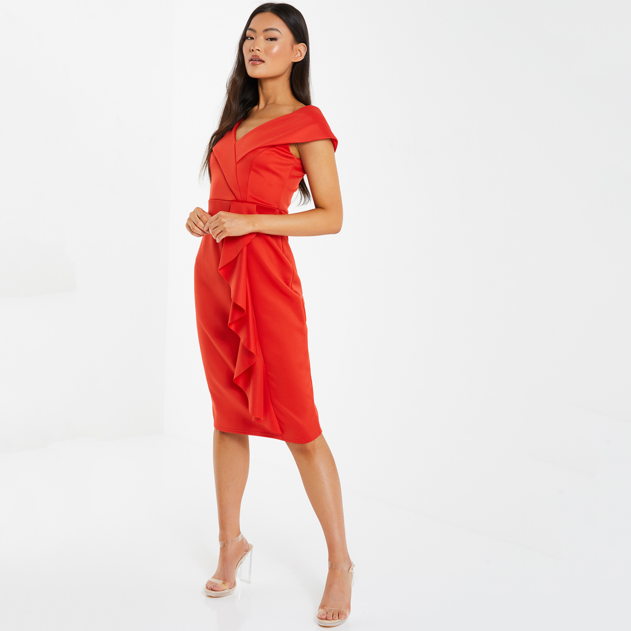 فستان للنساء من كويز متوسط الطول بياقة باردو لون برتقالي-women-clothing-dresses-image-3