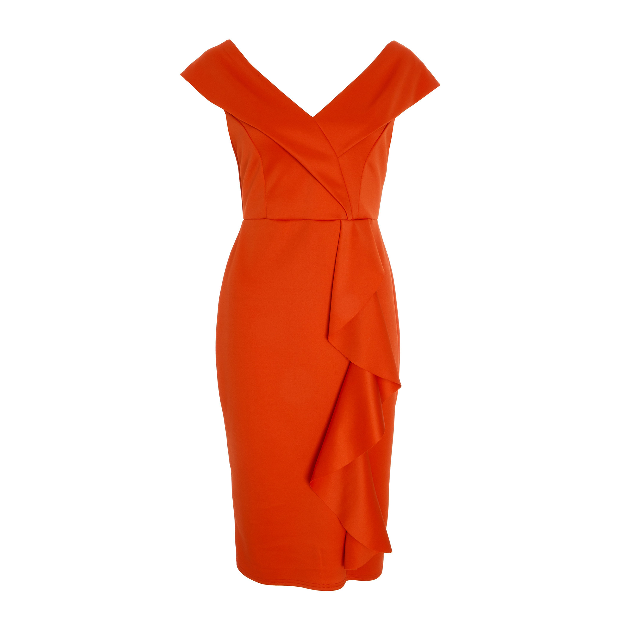 فستان للنساء من كويز متوسط الطول بياقة باردو لون برتقالي-women-clothing-dresses-image-4
