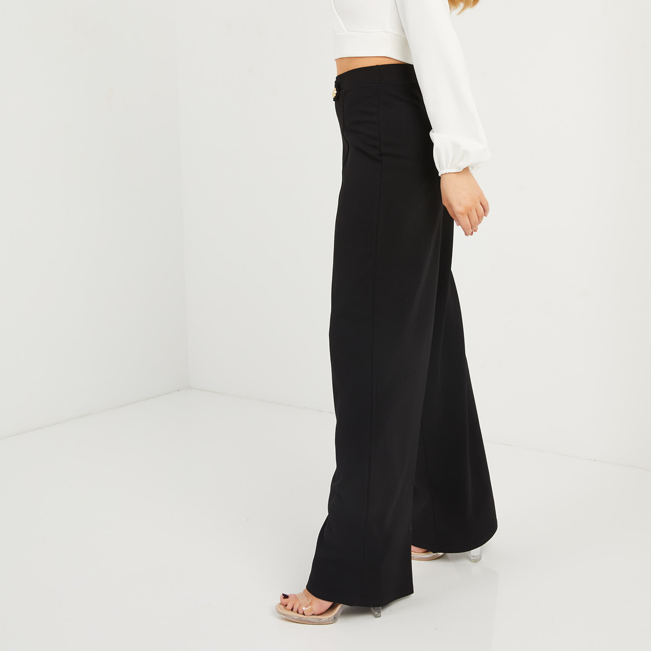 Quiz Women Black Solid High Waist Buttoned Palazzo-women-clothing-bottoms-trousers-image-1