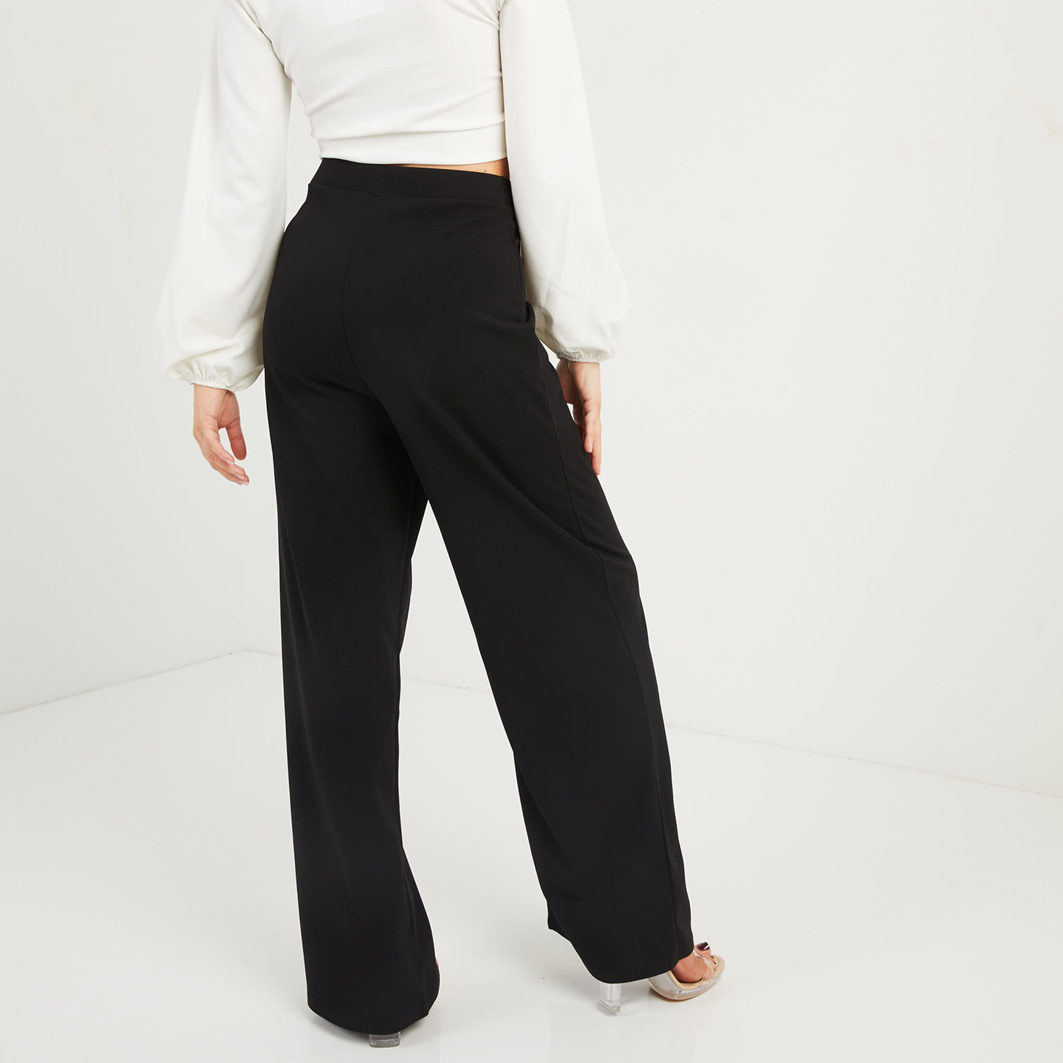 كويز - بنطال واسع سادة بخصر عالي وأزرار للنساء - أسود-women-clothing-bottoms-trousers-image-2