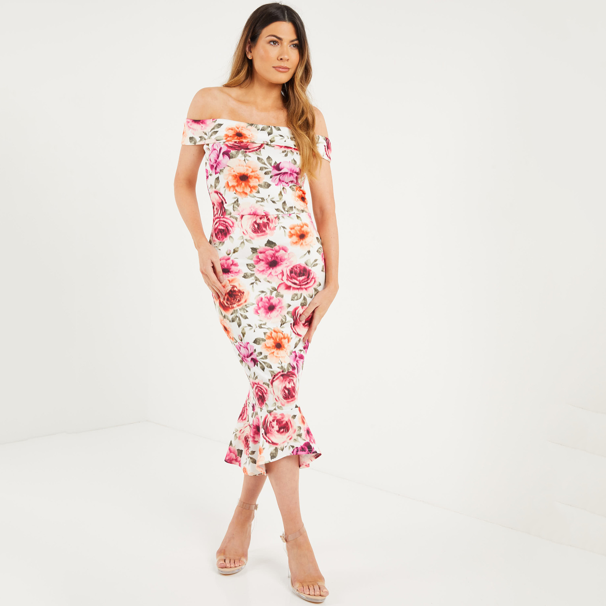 فستان حورية البحر للنساء من كويز زهري كريمي مكشوف الأكتاف-women-clothing-dresses-image-1