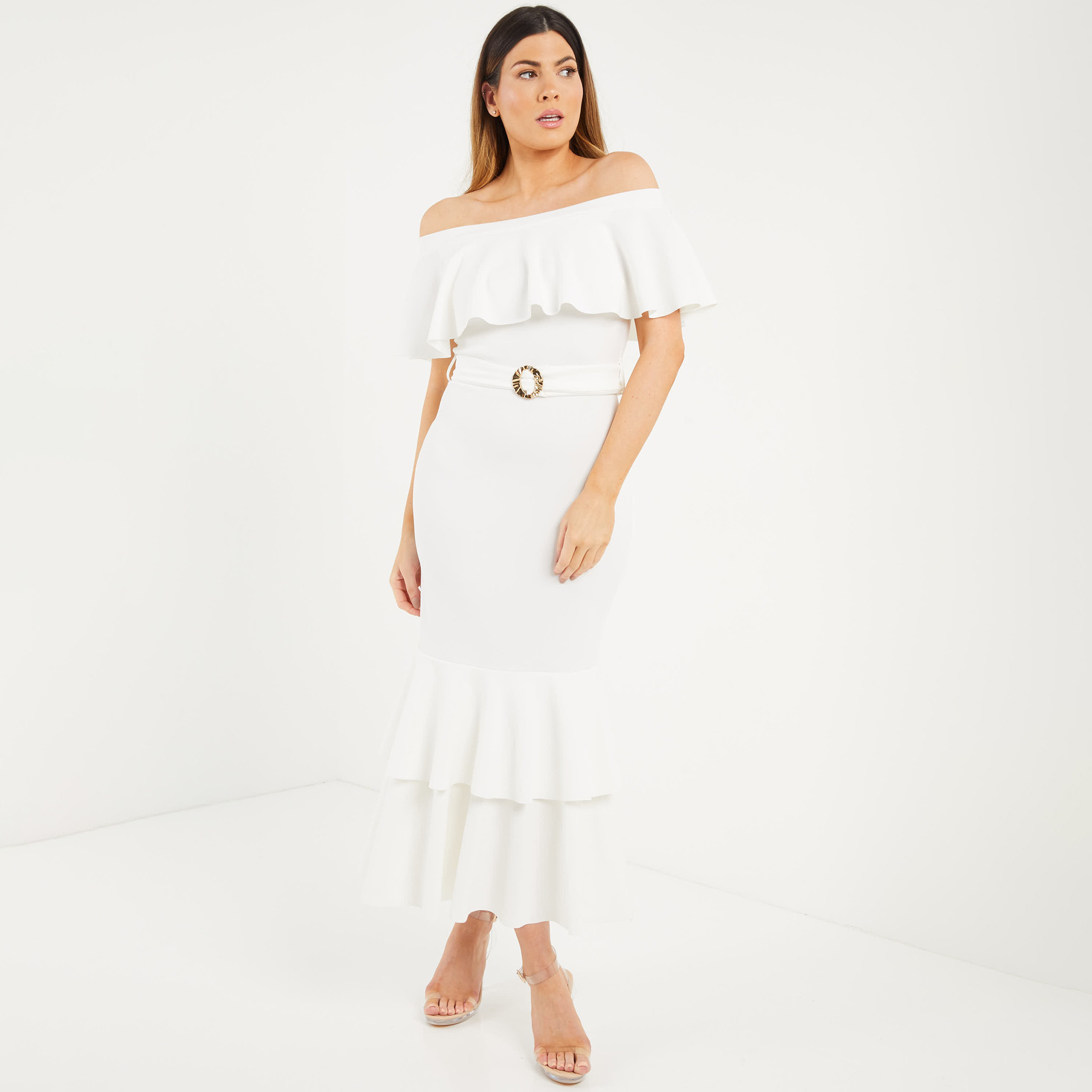 فستان نسائي كريمي سادة بدون أكتاف مكتشف من كويز-women-clothing-dresses-image-1