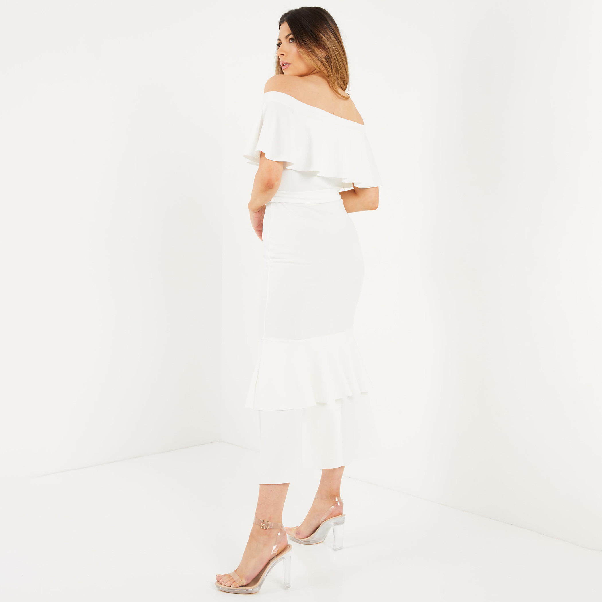 Quiz Women Cream Solid Off Shoulder Ruffled Hem Buckled Dress-women-clothing-dresses-image-2