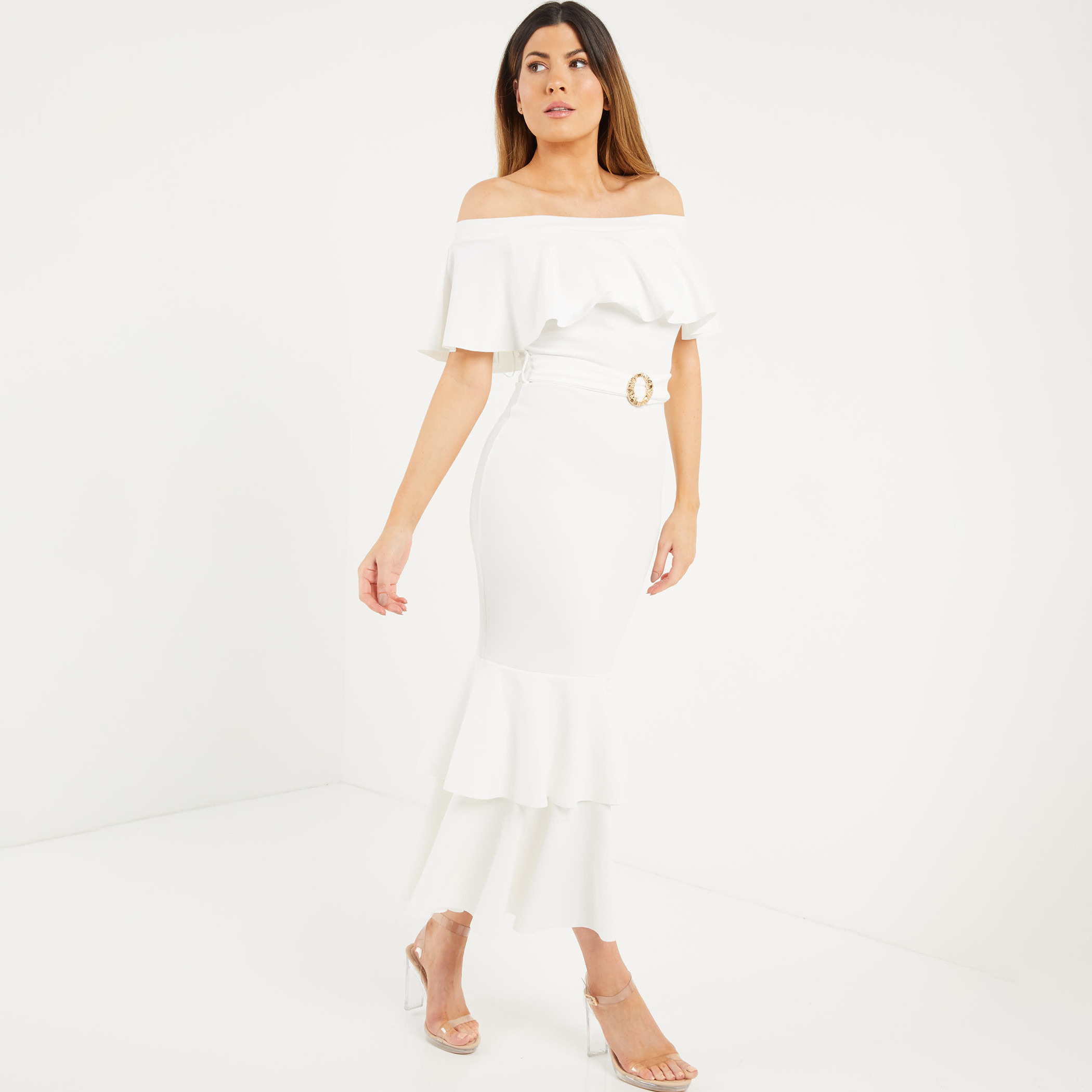 Quiz Women Cream Solid Off Shoulder Ruffled Hem Buckled Dress-women-clothing-dresses-image-3