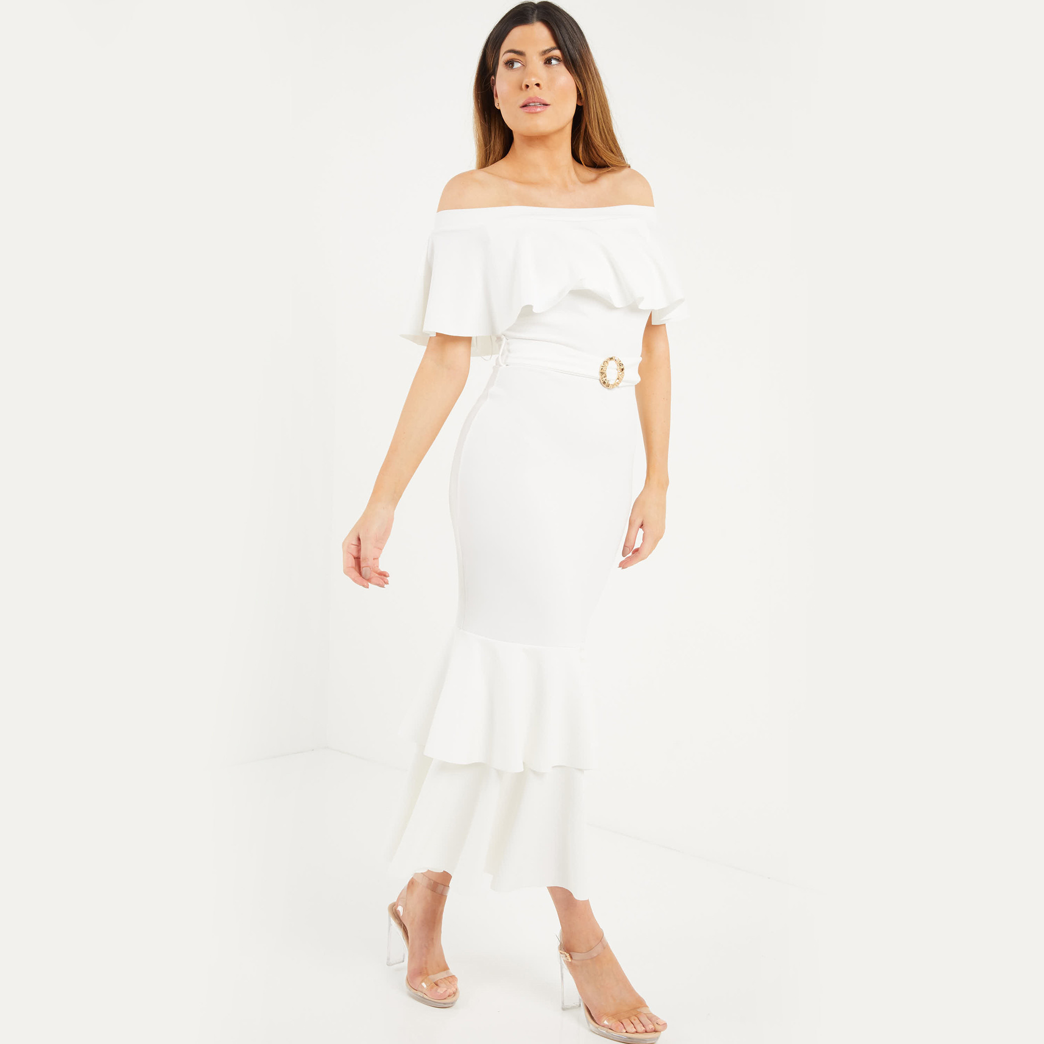 كويز - فستان بأكتاف مكشوفة وكشكش ومشبك للنساء - كريمي-women-clothing-dresses-image-2