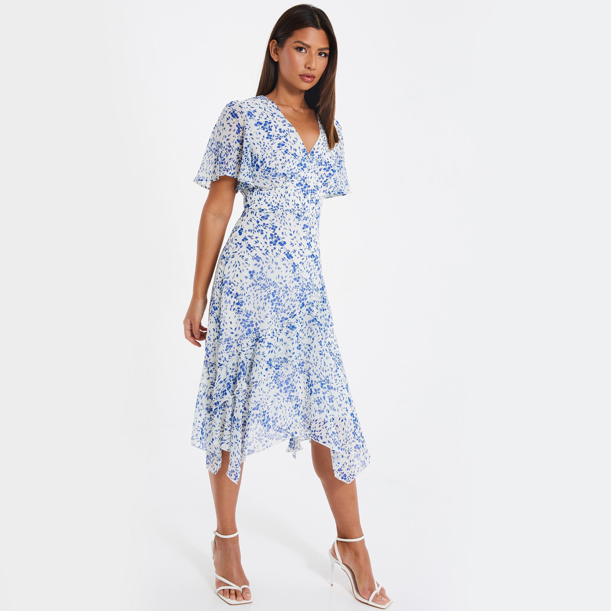 Quiz Women White Printed V-Neck Hankey Hem Dress-women-clothing-dresses-image-1
