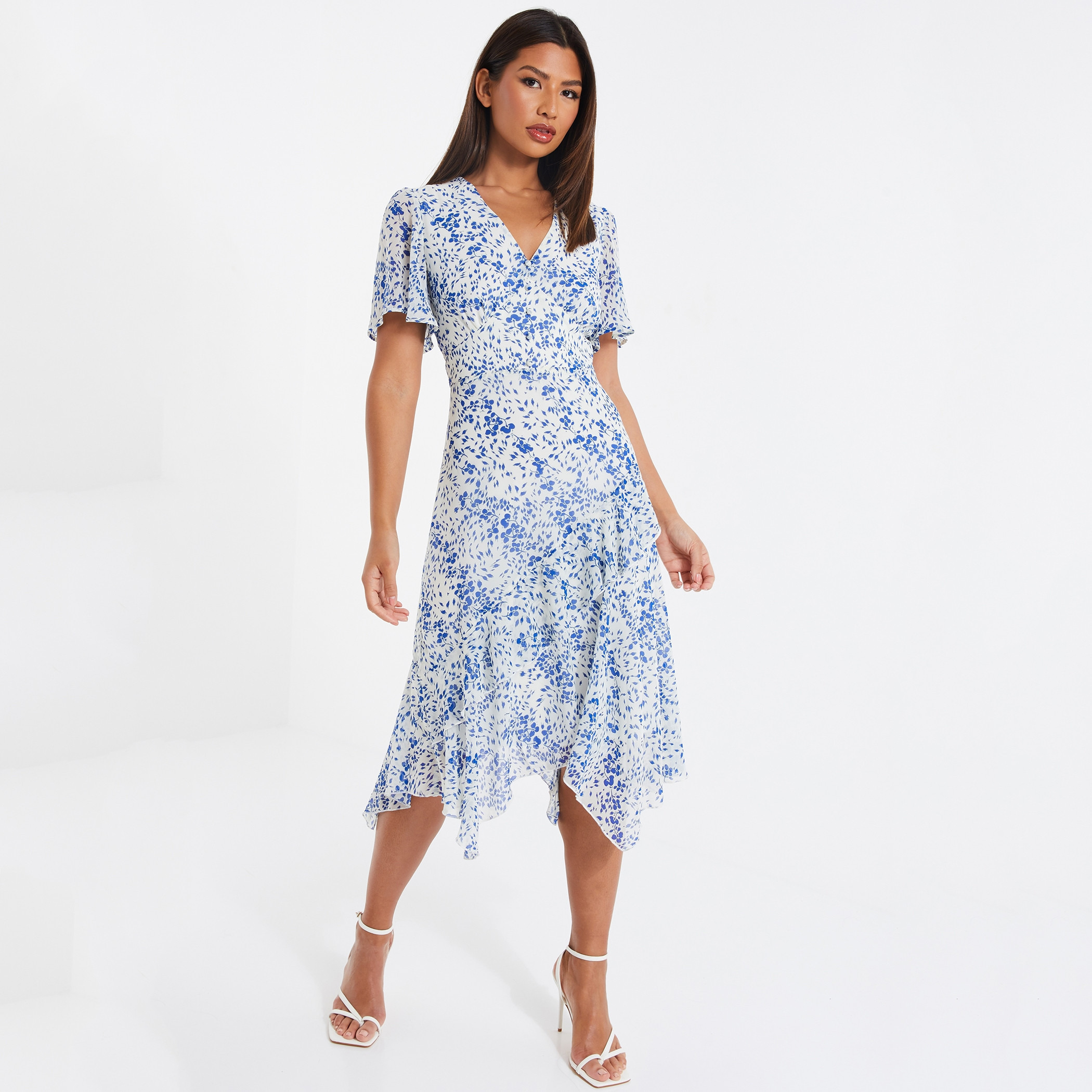 Quiz Women White Printed V-Neck Hankey Hem Dress-women-clothing-dresses-image-2