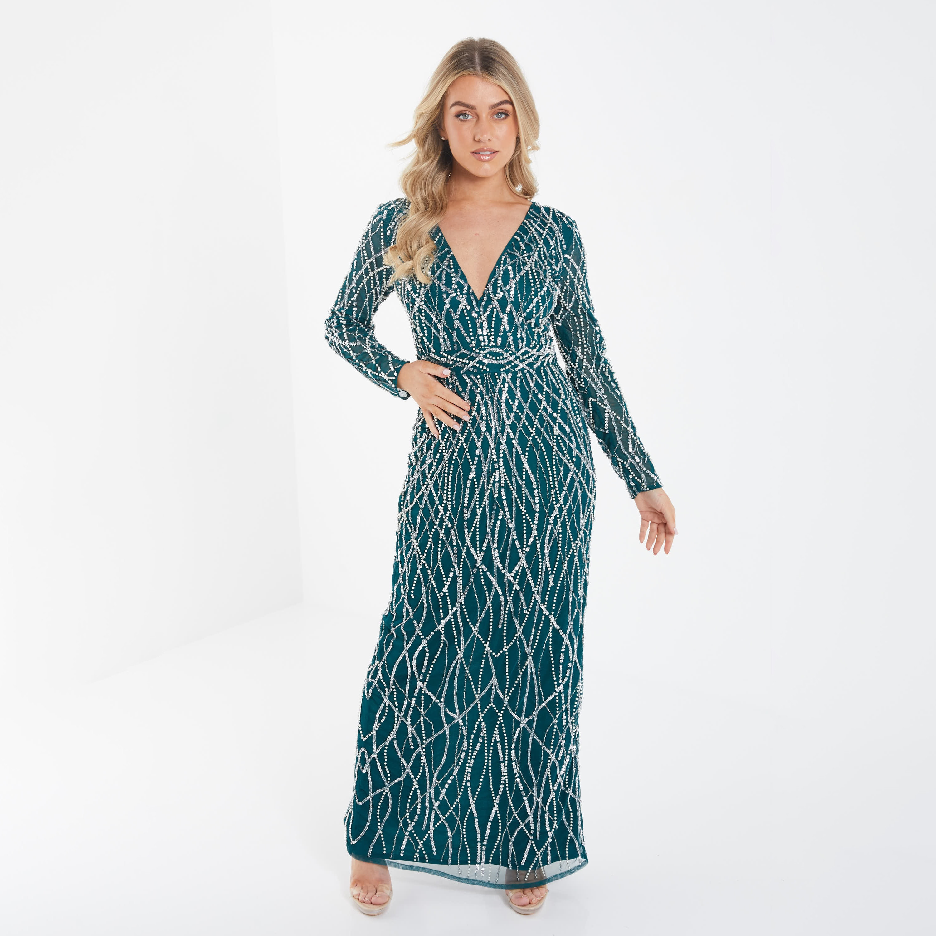 Quiz Sequins V-Neck Slit Maxi Dress-women-clothing-dresses-image-1