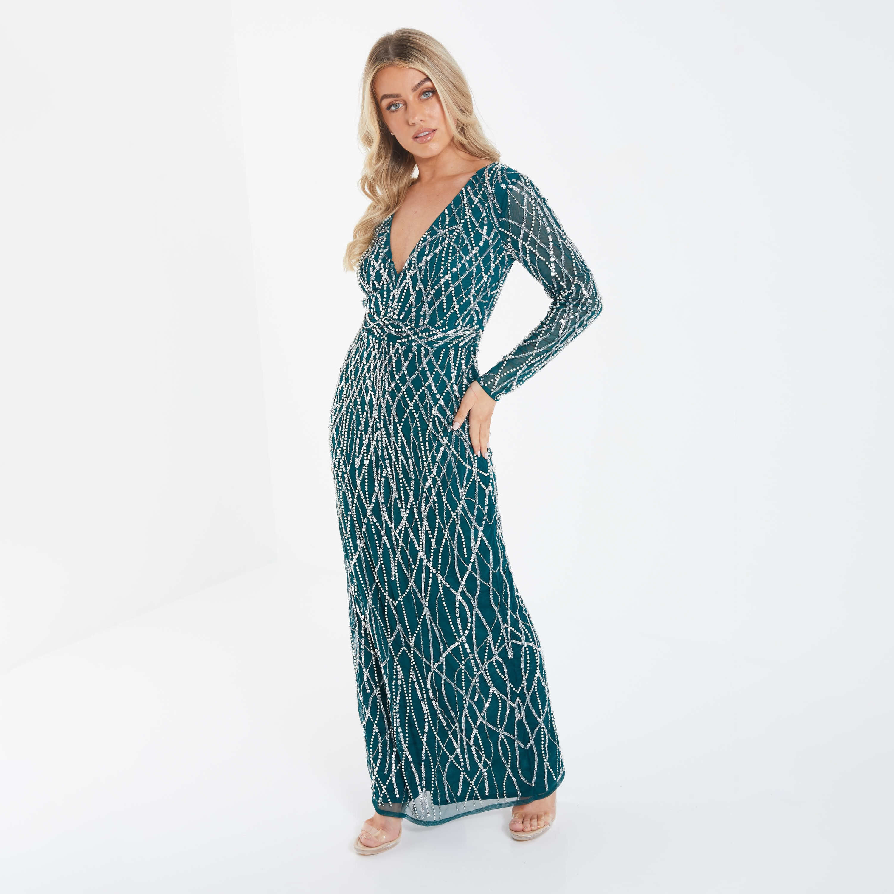 Quiz Sequins V-Neck Slit Maxi Dress-women-clothing-dresses-image-2
