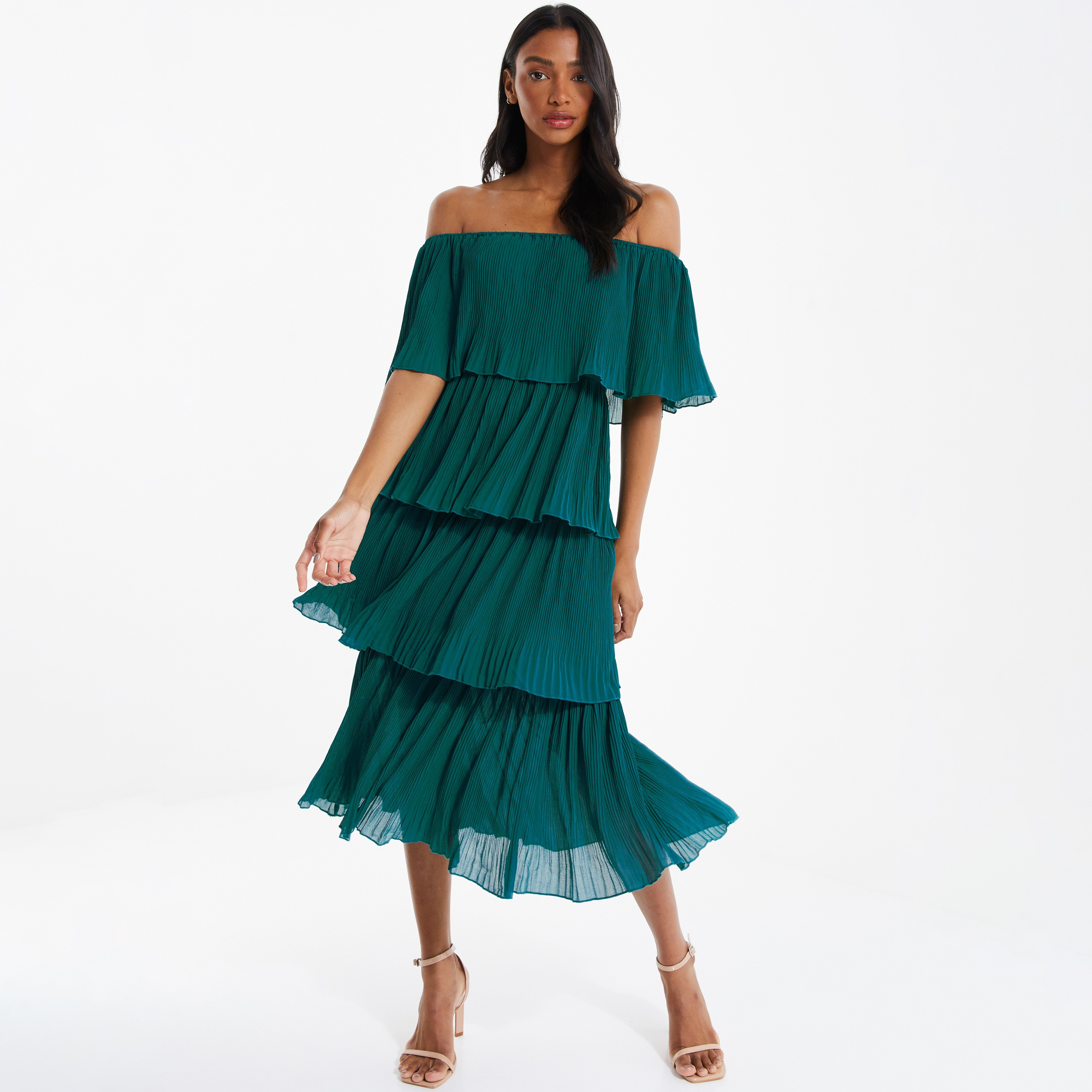فستان متدرج بدون أكتاف مع اخضر بطيات للنساء من كويز-women-clothing-dresses-image-1
