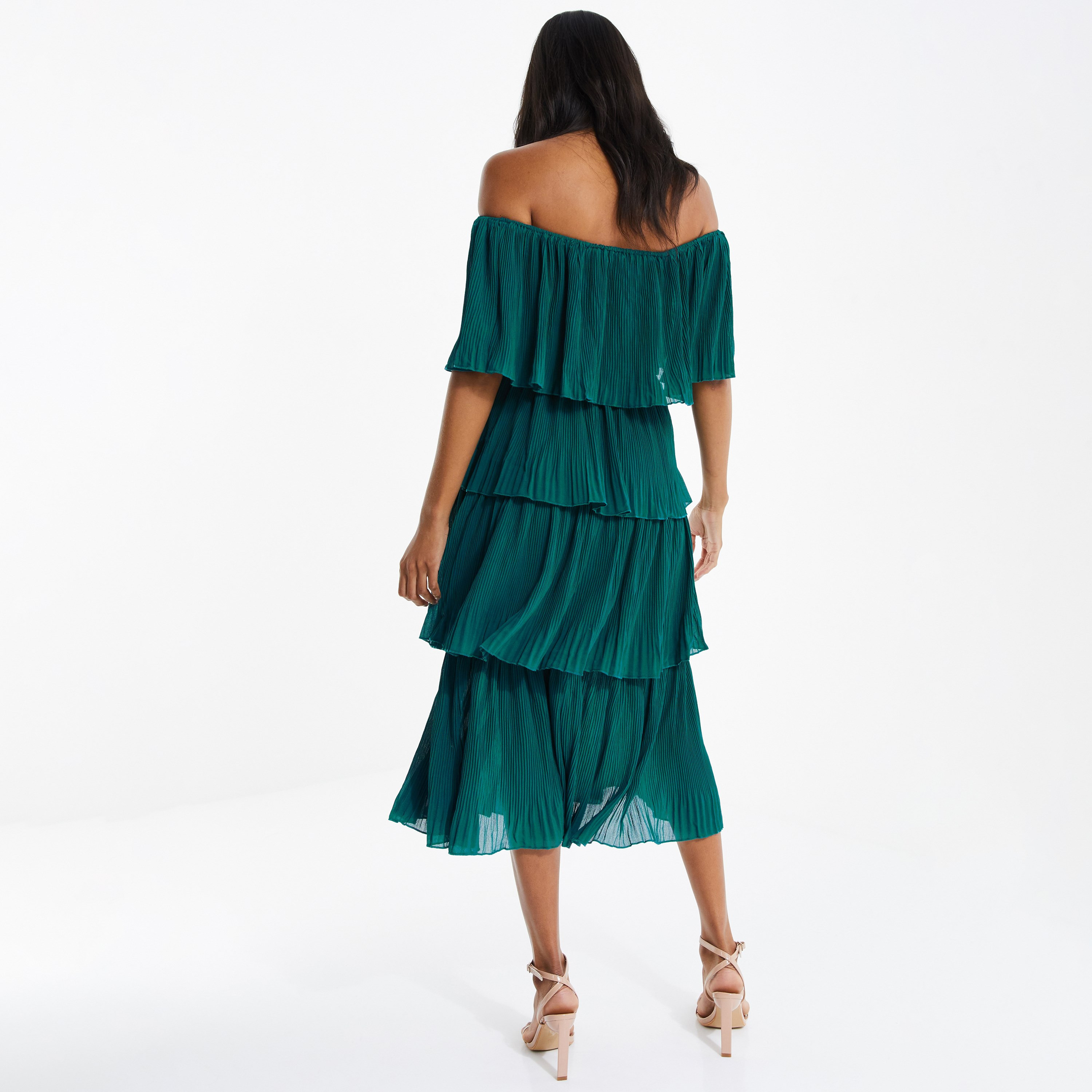 فستان متدرج بدون أكتاف مع اخضر بطيات للنساء من كويز-women-clothing-dresses-image-2