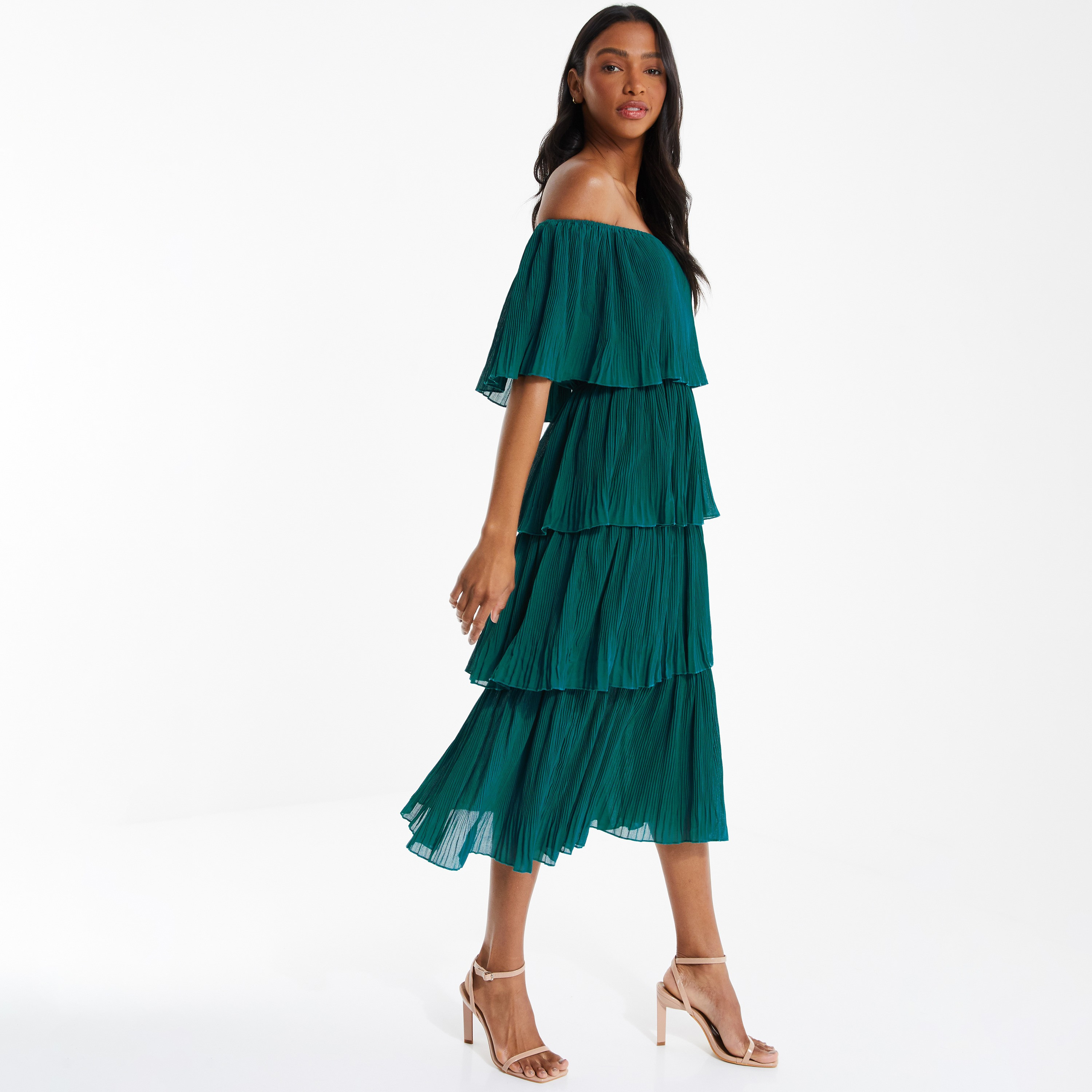 فستان متدرج بدون أكتاف مع اخضر بطيات للنساء من كويز-women-clothing-dresses-image-3