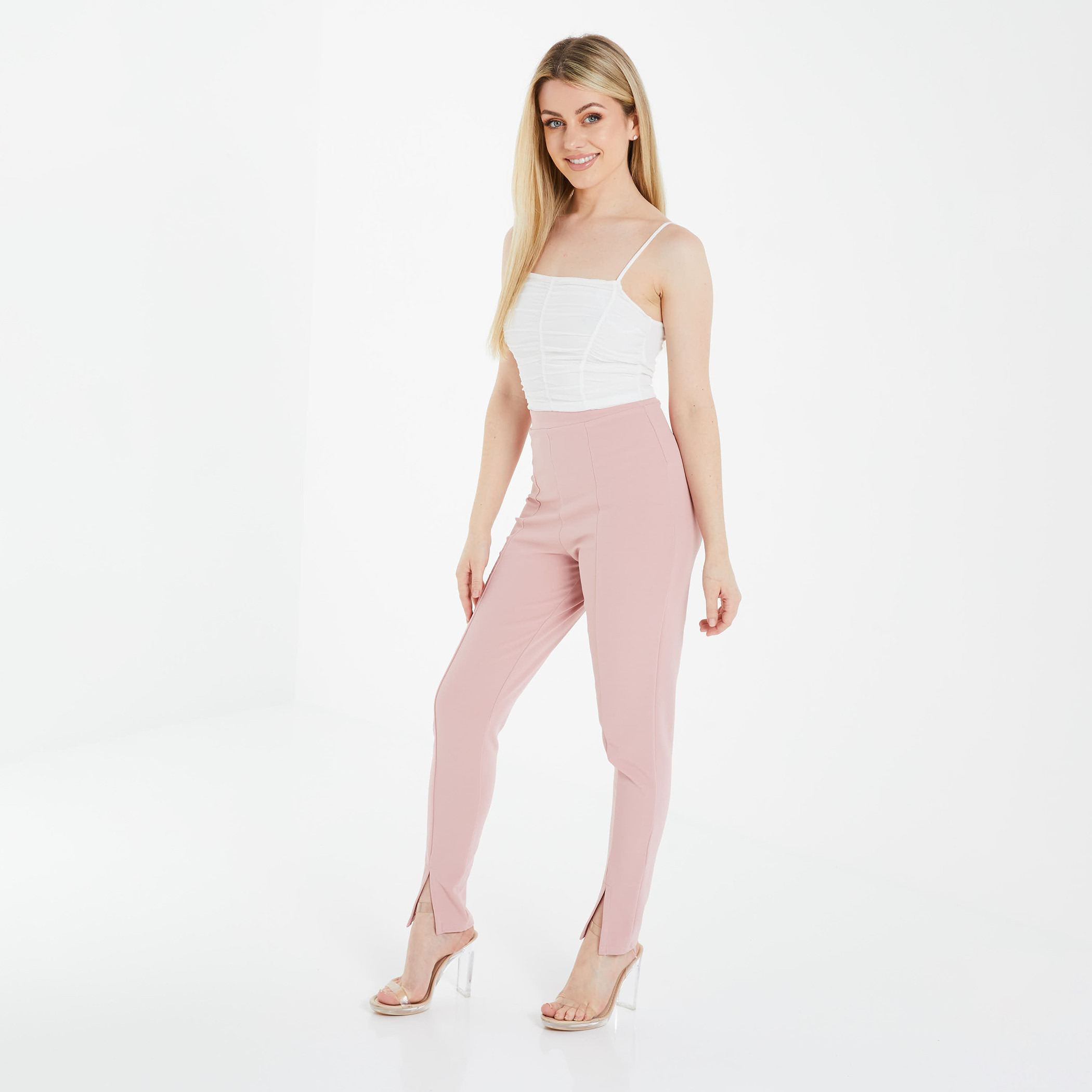 Quiz Women Blush Solid High Waist Split Hem Trousers-women-clothing-bottoms-trousers-image-2