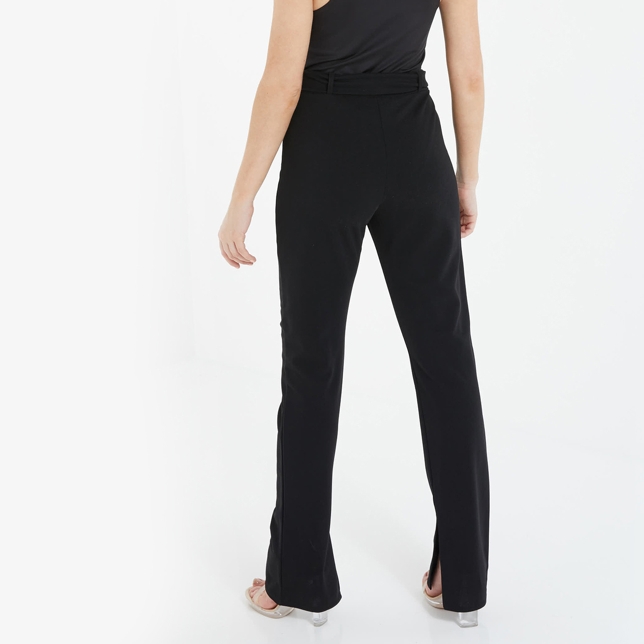 بنطلون مع عالية الخصر صلبة سوداء للنساء من كويز-women-clothing-bottoms-trousers-image-3