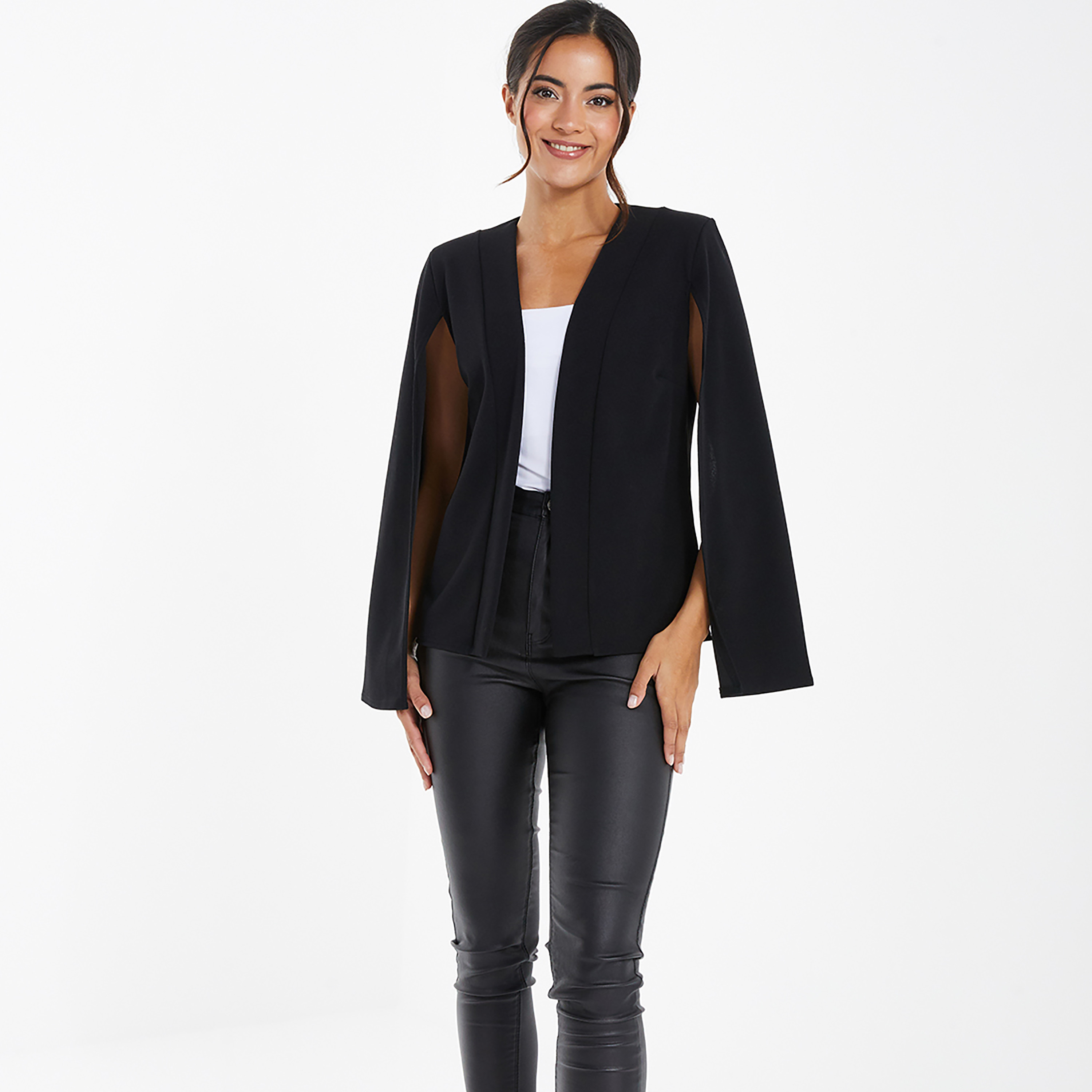 Quiz Plain Split Sleeves Blazer with Open Front-women-clothing-coatsandjackets-blazers-image-1