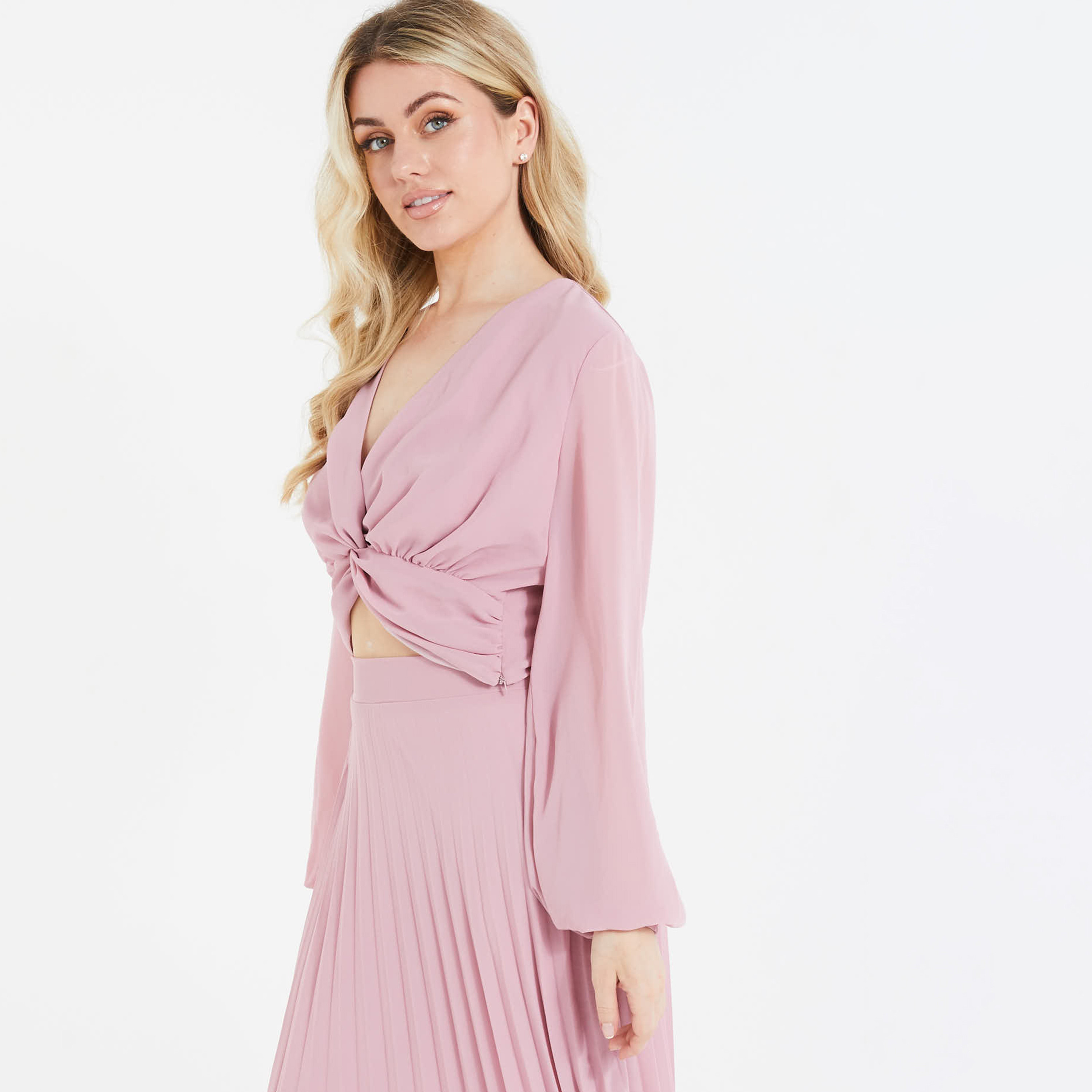 Quiz Plain V-Neck Long Sleeves Top with Knot Front-women-clothing-shirtsandblouses-blouses-image-5