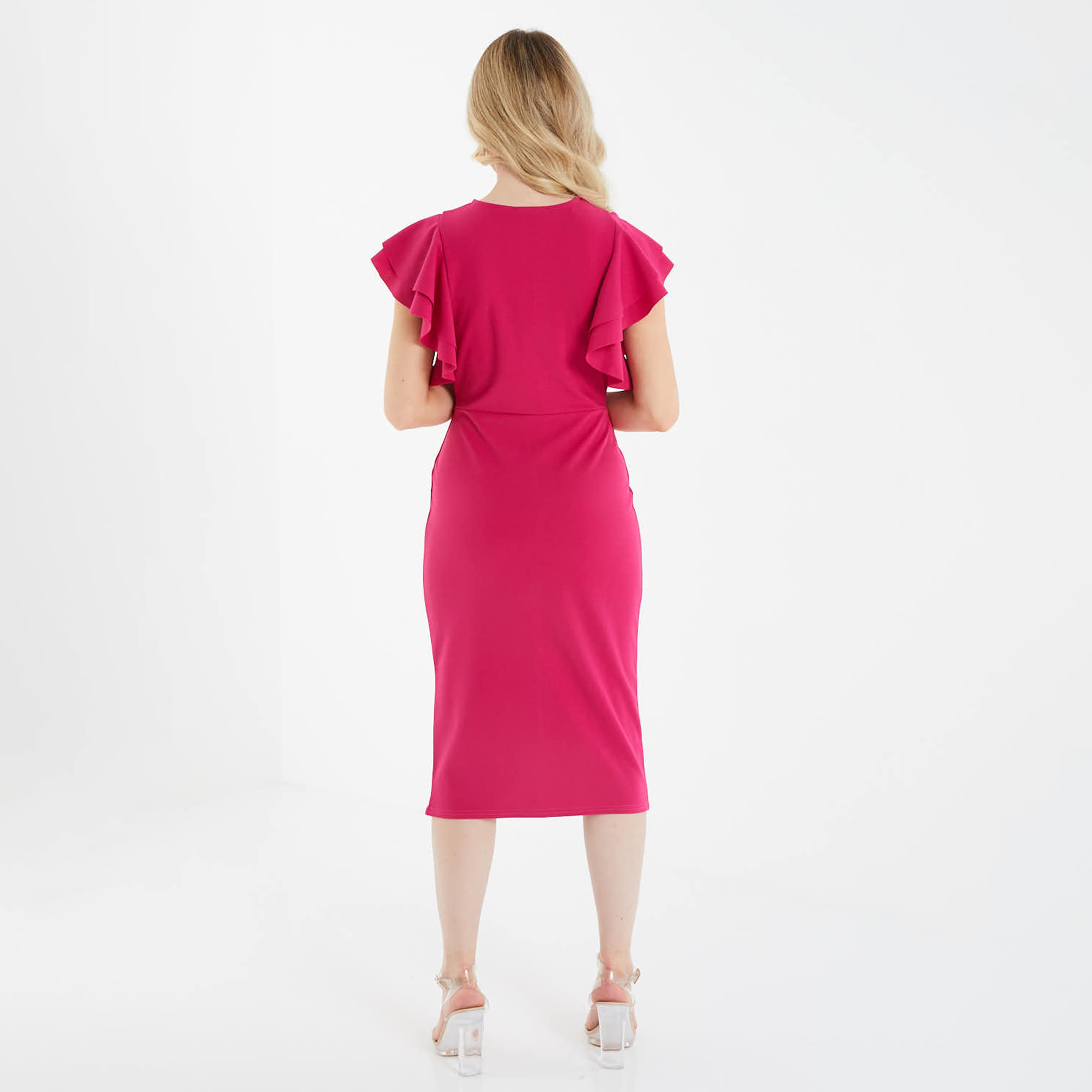 QUIZ Women Pink Plain Ruffled Sleeve Knot Front Midi Dress-women-clothing-dresses-image-2