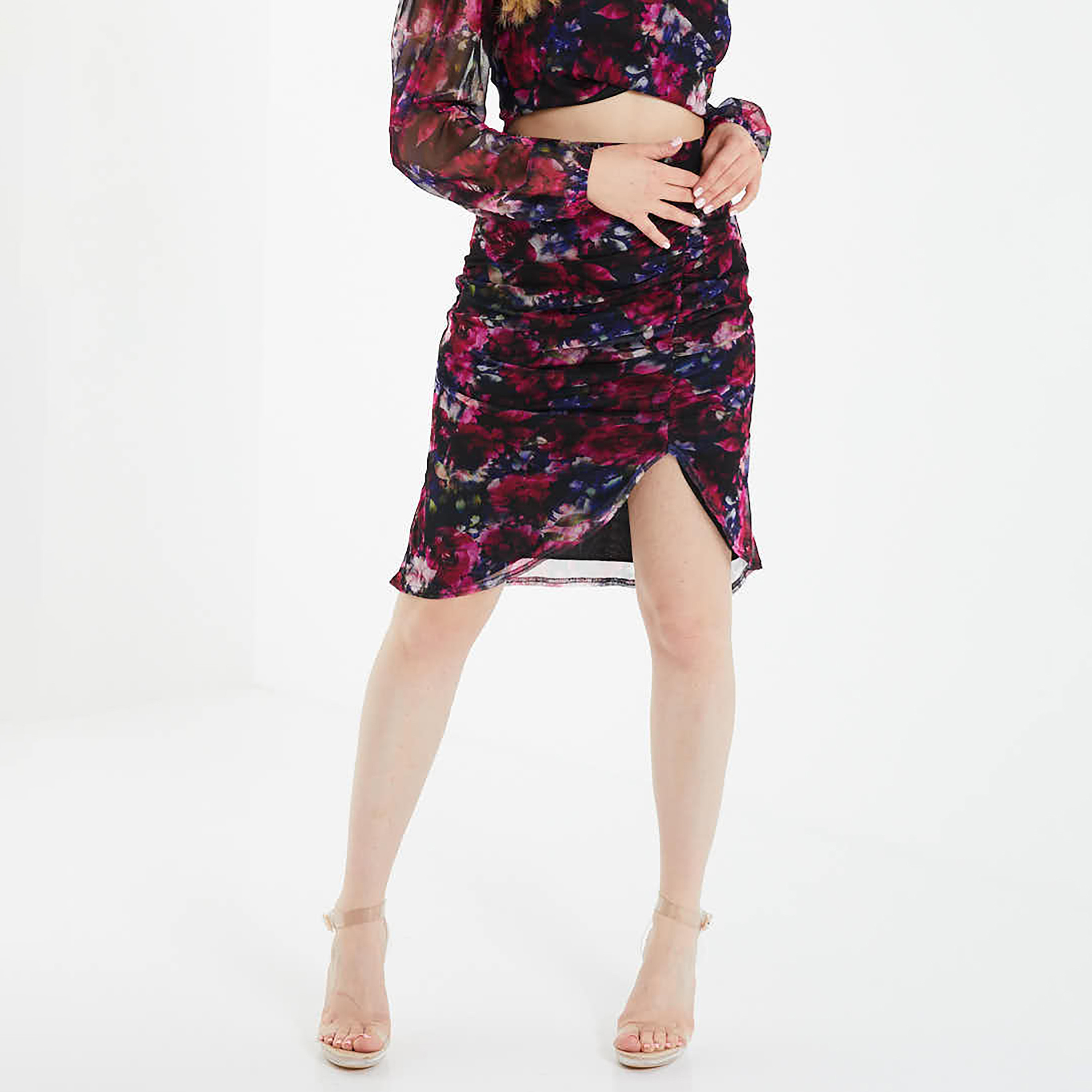 تنورة مزينة بطول الركبة مع عالية الخصر للسيدات باللون الأسود من كويز-women-clothing-bottoms-skirts-image-1