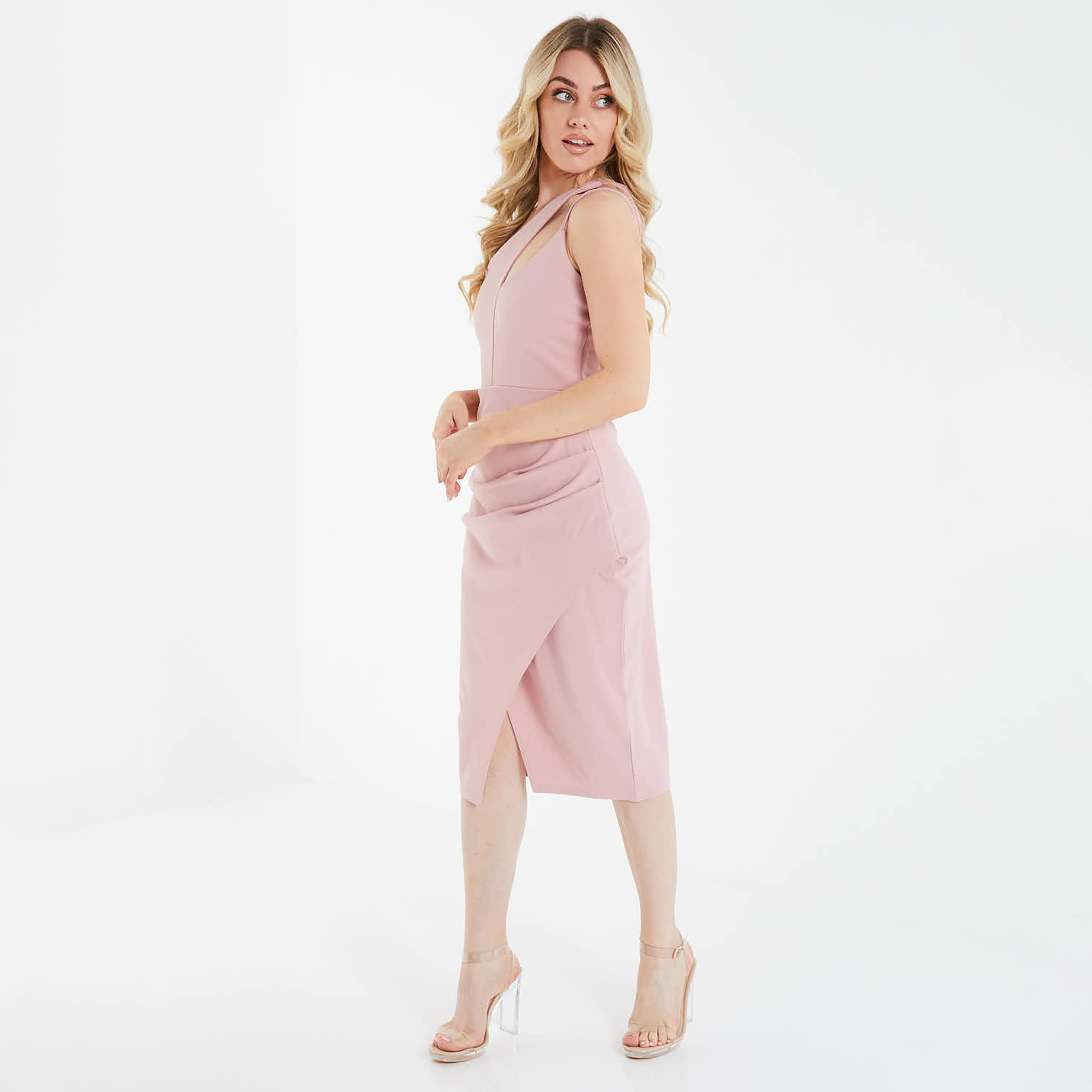 فستان متوسط الطول مع شق بكتف واحد سادة من كويز-women-clothing-dresses-image-2